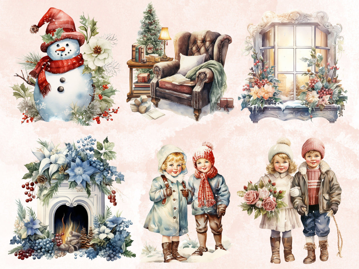65 PNG Watercolor Vintage Winter Clipart, Old Winter Illustrations Clip art, Vintage Winter Wonderland Png, Retro Snowy Scenes Sublimation
