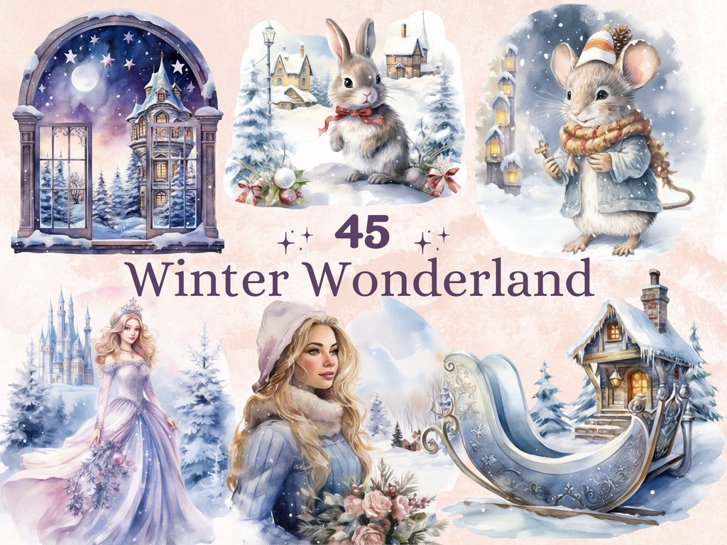 45 PNG Watercolor Winter Wonderland Clipart, Fantasy Winter Illustrations Clip art, Fairytale Winter Princess Png, Snowy Scenes Sublimation