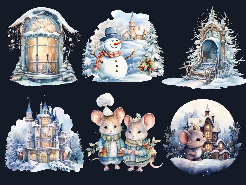 45 PNG Watercolor Winter Wonderland Clipart, Fantasy Winter Illustrations Clip art, Fairytale Winter Princess Png, Snowy Scenes Sublimation