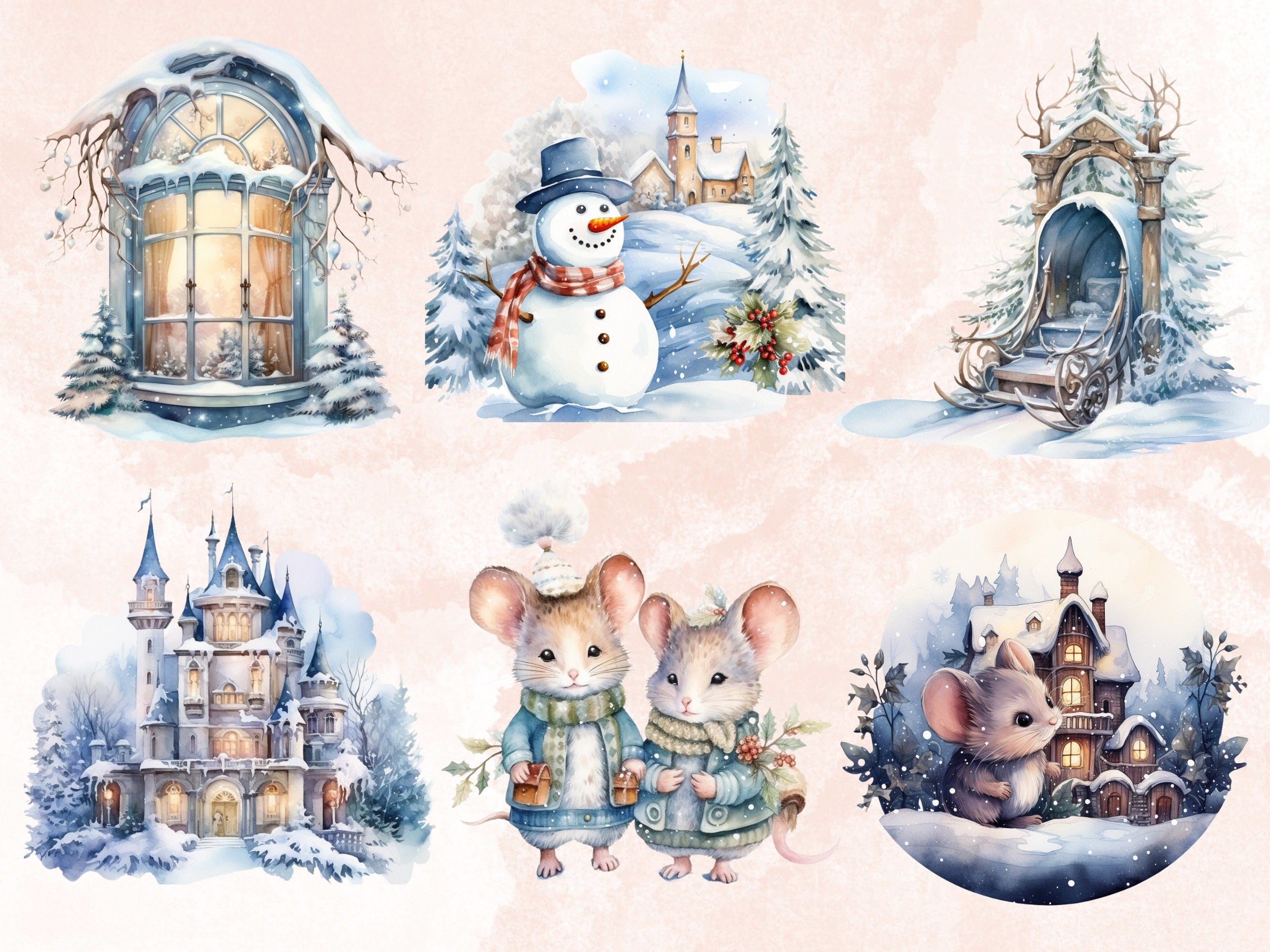 45 PNG Watercolor Winter Wonderland Clipart, Fantasy Winter Illustrations Clip art, Fairytale Winter Princess Png, Snowy Scenes Sublimation