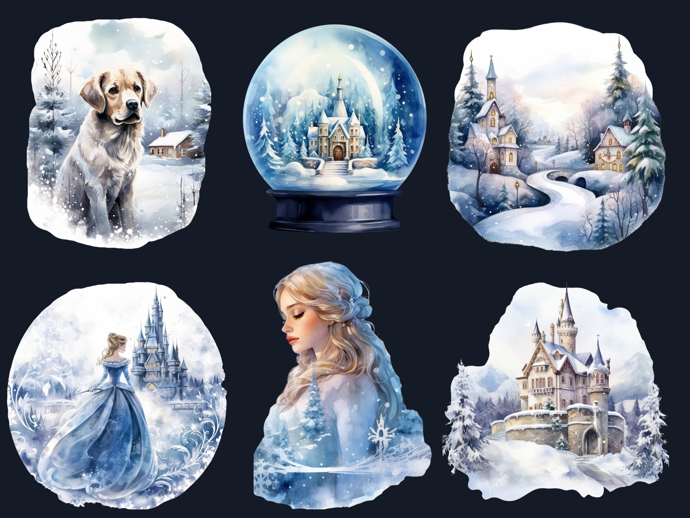 45 PNG Watercolor Winter Wonderland Clipart, Fantasy Winter Illustrations Clip art, Fairytale Winter Princess Png, Snowy Scenes Sublimation