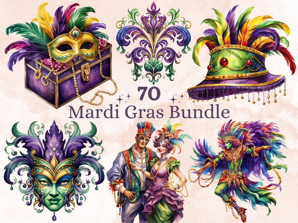 70 PNG Watercolour Mardi Gras Clipart, Masquerade Illustration Clip art, Fleur De Lis png, Fat Tuesday Sublimation, New Orleans Carnival png