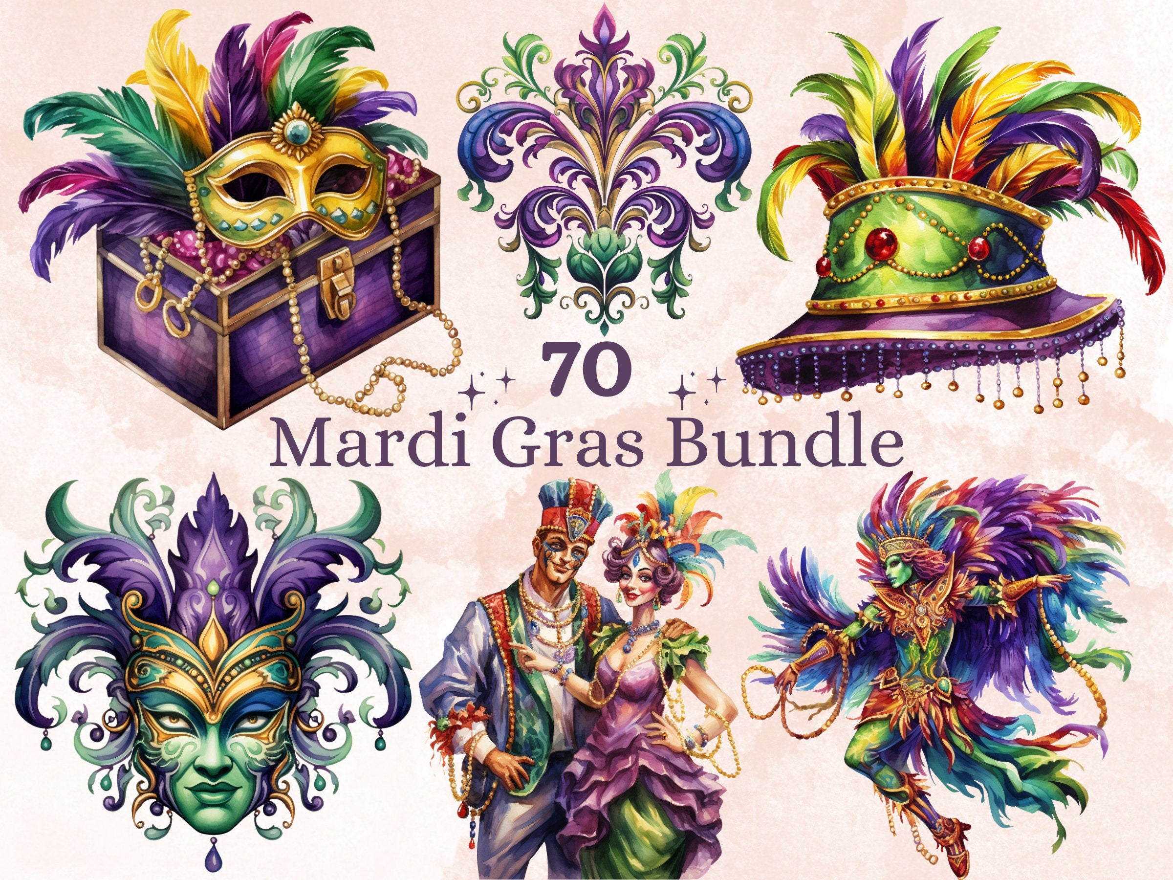 70 PNG Watercolour Mardi Gras Clipart, Masquerade Illustration Clip art, Fleur De Lis png, Fat Tuesday Sublimation, New Orleans Carnival png