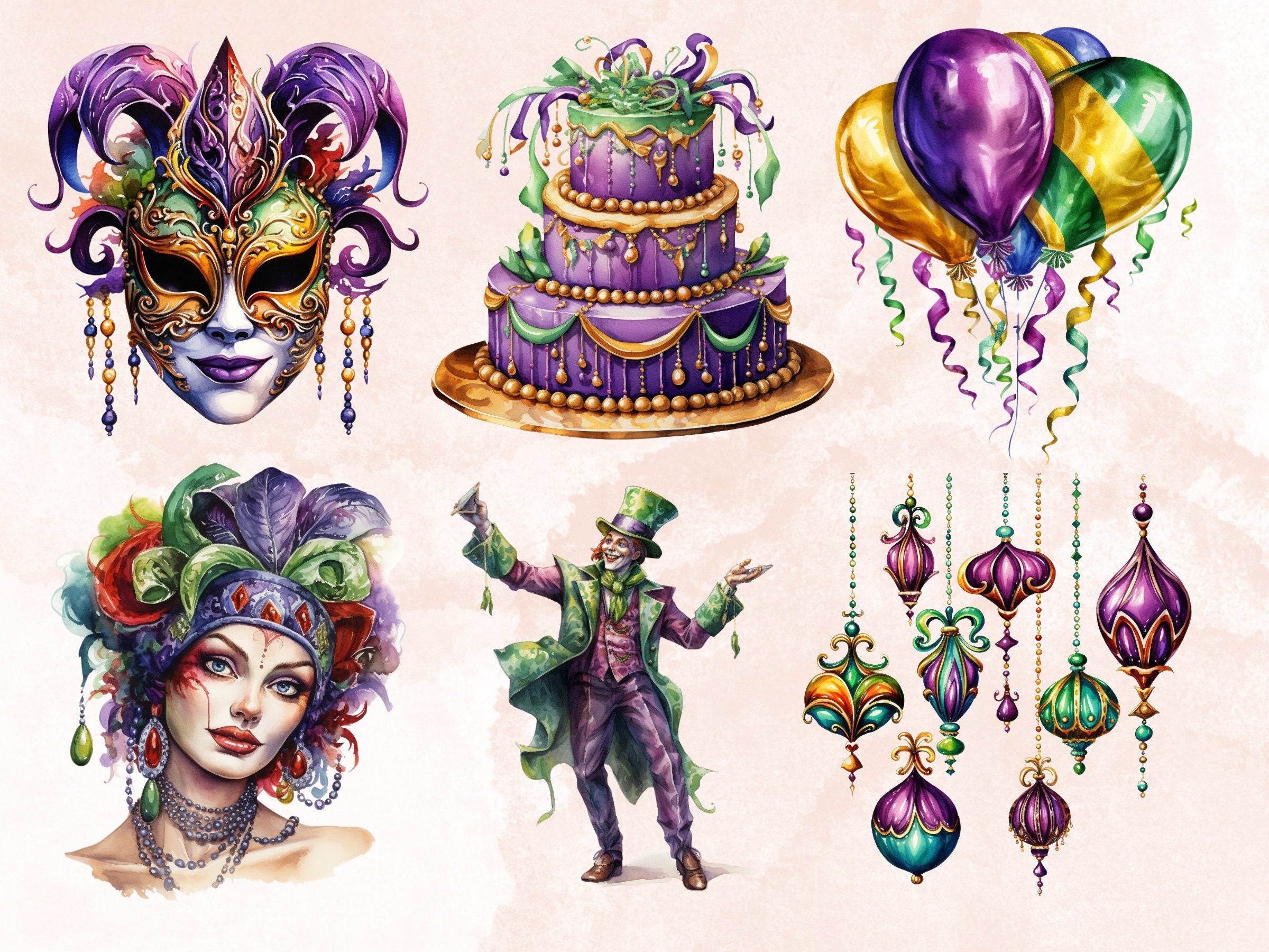70 PNG Watercolour Mardi Gras Clipart, Masquerade Illustration Clip art, Fleur De Lis png, Fat Tuesday Sublimation, New Orleans Carnival png