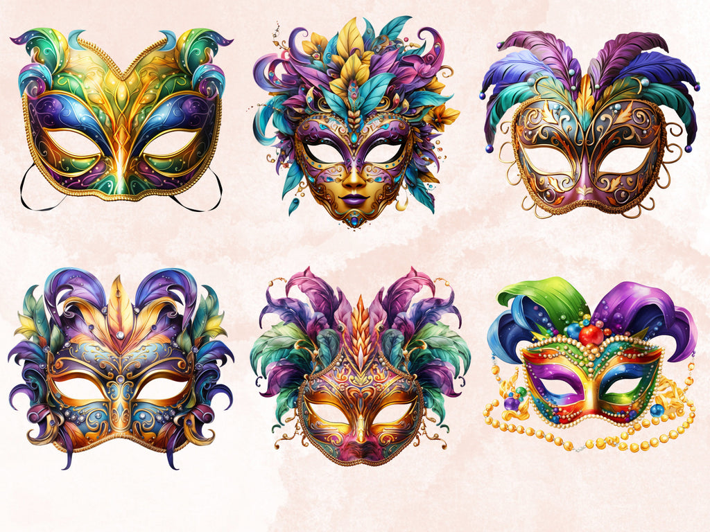50 PNG Watercolour Mardi Gras Mask Clipart, Masquerade Illustration Clip art, Fleur De Lis png, Feather Mask Sublimation, Fantasy Carnival