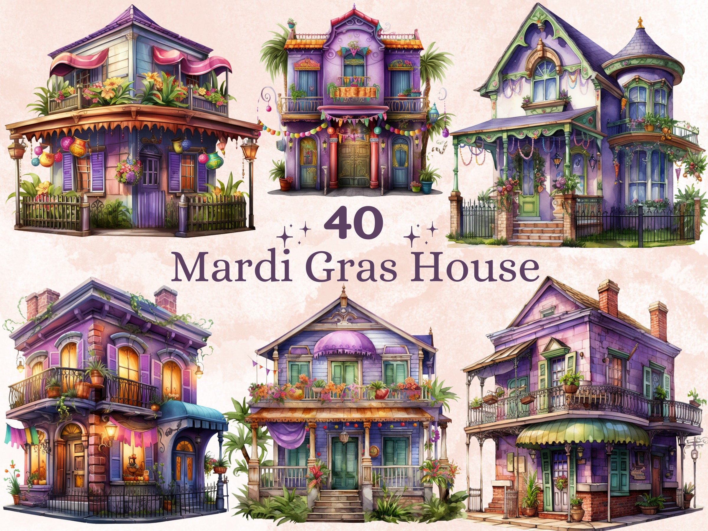 40 PNG Watercolour Mardi Gras House Clipart, Masquerade Illustration Clip art, Mardi Gras Invitation png, New Orleans Carnival Sublimation