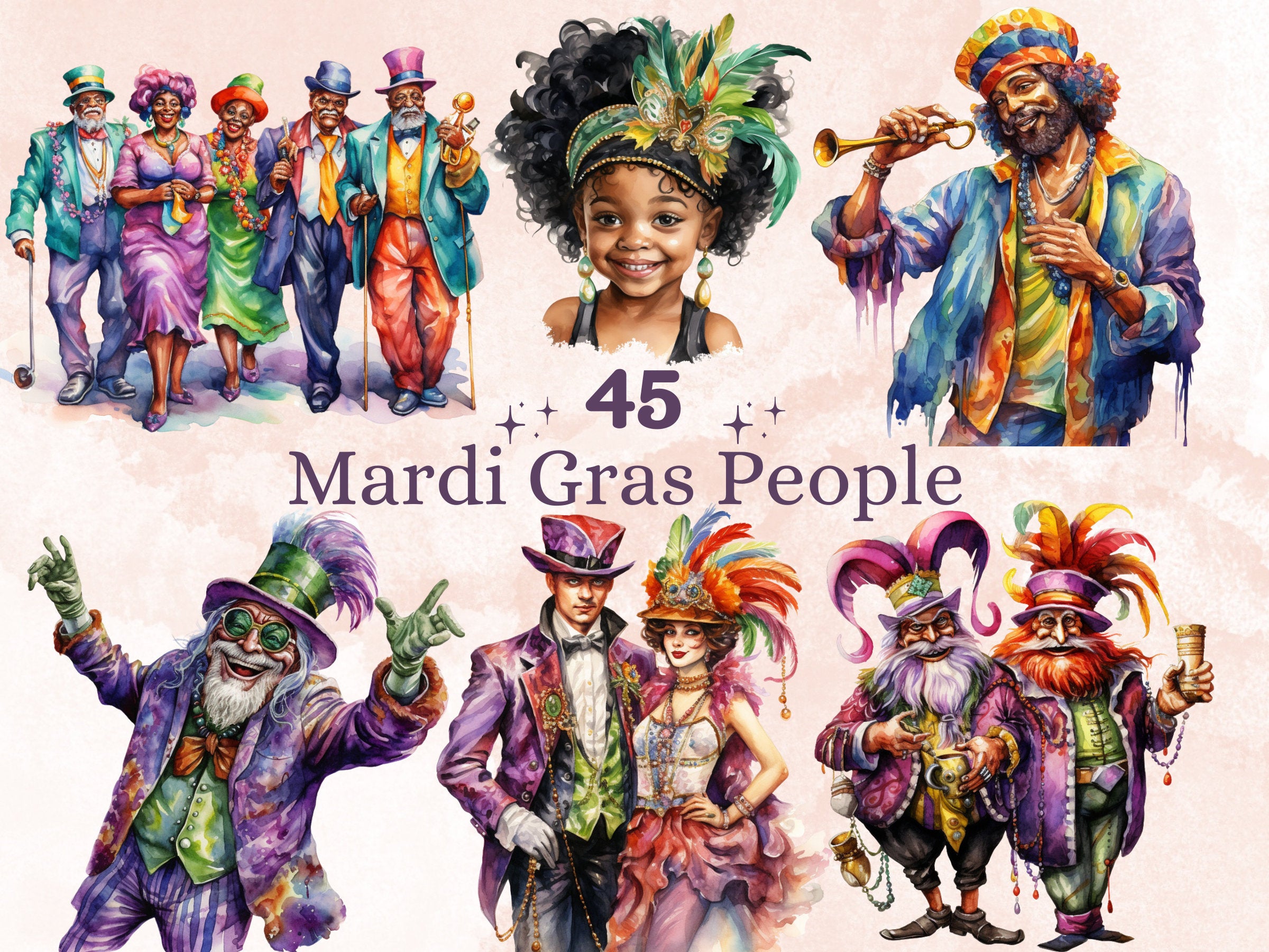 45 PNG Watercolour Mardi Gras People Clipart, Masquerade Illustration Clip art, Fat Tuesday Sublimation, New Orleans Carnival Couple png