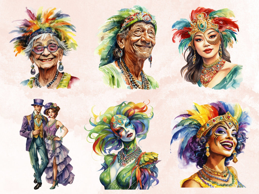 45 PNG Watercolour Mardi Gras People Clipart, Masquerade Illustration Clip art, Fat Tuesday Sublimation, New Orleans Carnival Couple png