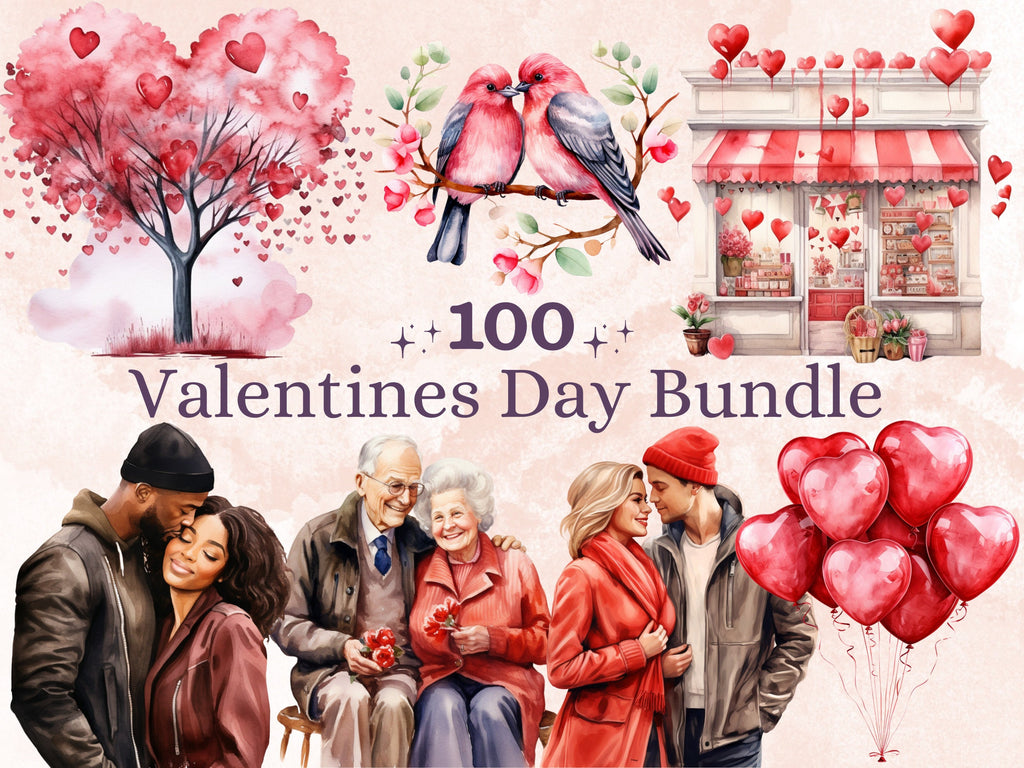 100 PNG Watercolor Valentine's Day Bundle Clipart, Floral Valentines Day Hearts Illustrations Clip art, Cute Love Couple Png Sublimation