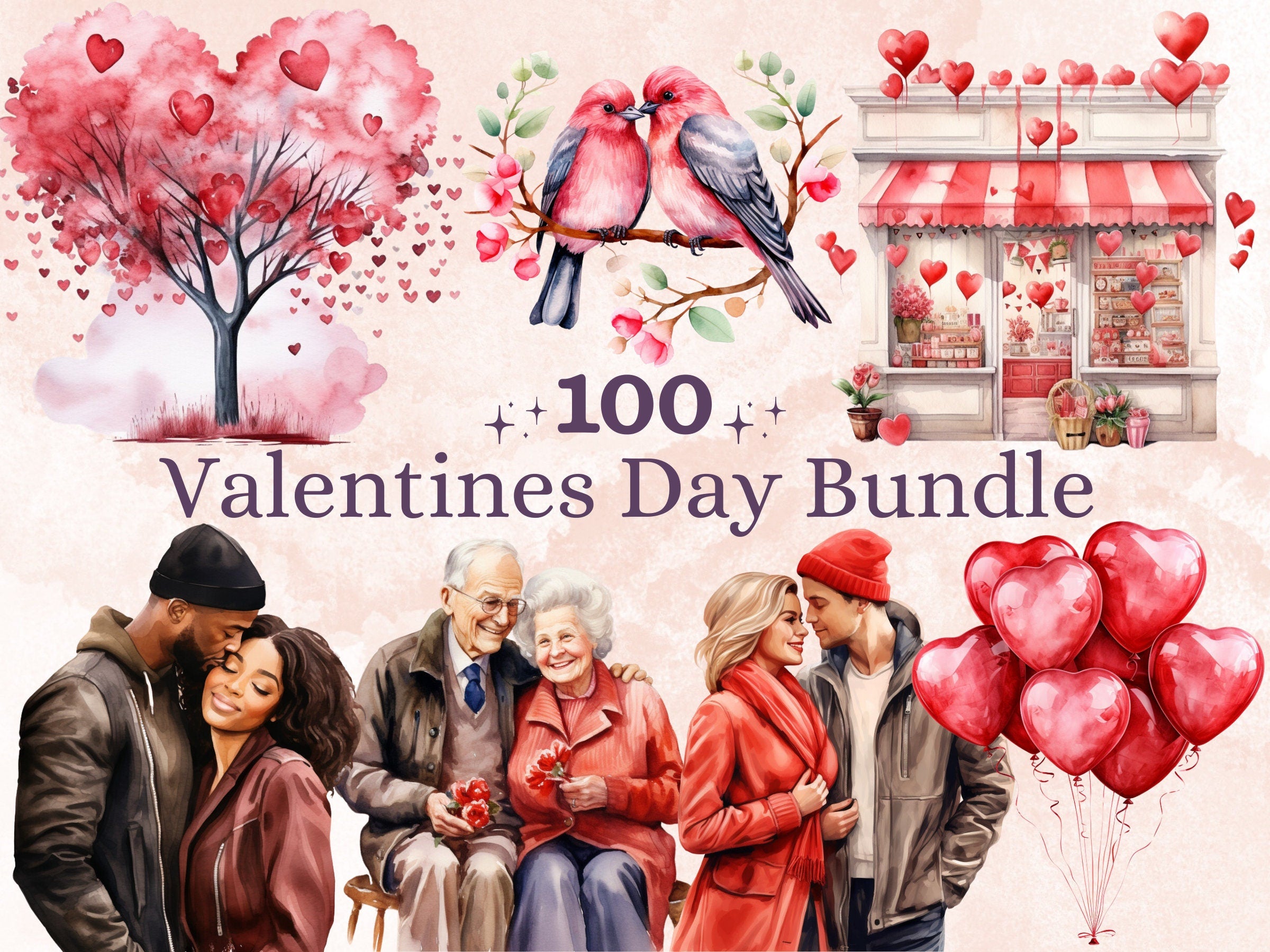 100 PNG Watercolor Valentine's Day Bundle Clipart, Floral Valentines Day Hearts Illustrations Clip art, Cute Love Couple Png Sublimation