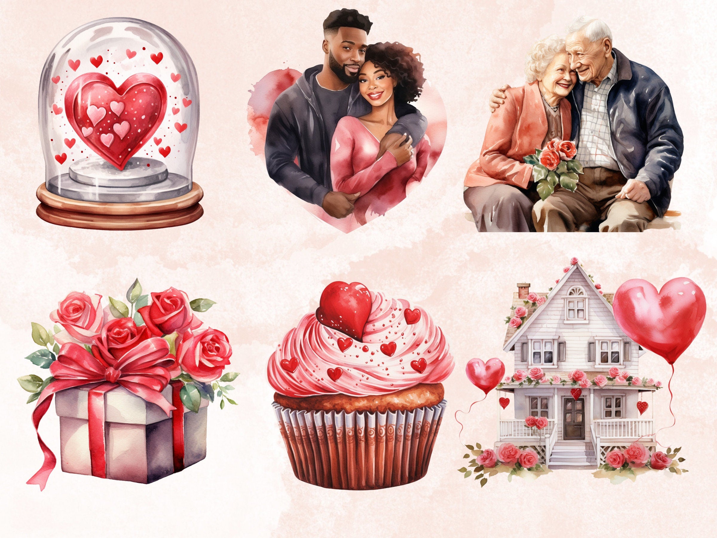 100 PNG Watercolor Valentine's Day Bundle Clipart, Floral Valentines Day Hearts Illustrations Clip art, Cute Love Couple Png Sublimation