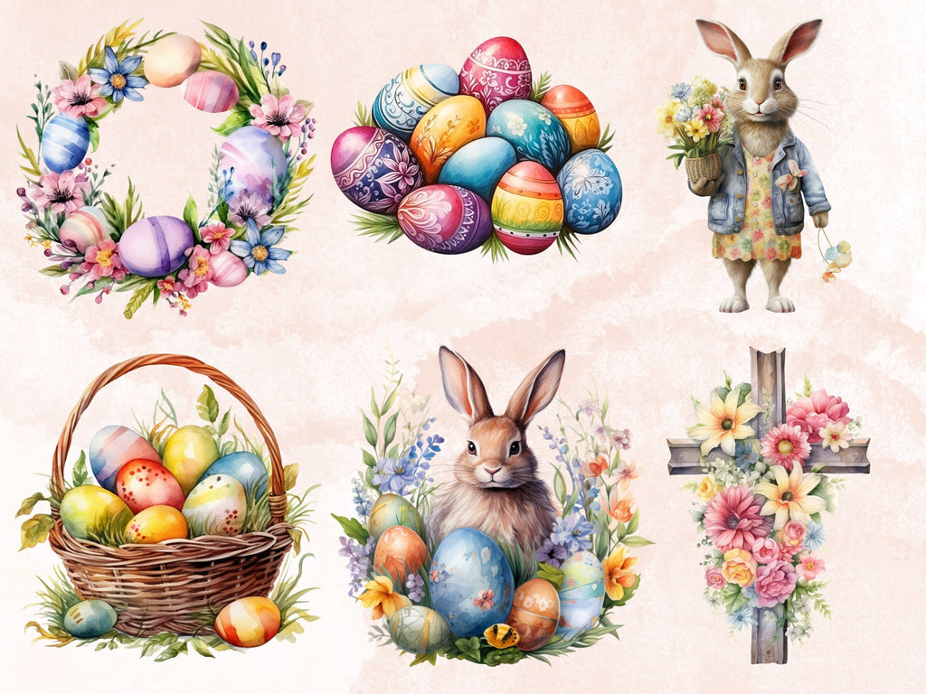 50 PNG Watercolor Happy Easter Bundle Clipart, Spring Easter Egg Illustrations Clip art,  Easter Bunny Sublimation, Floral Spring Ephemera