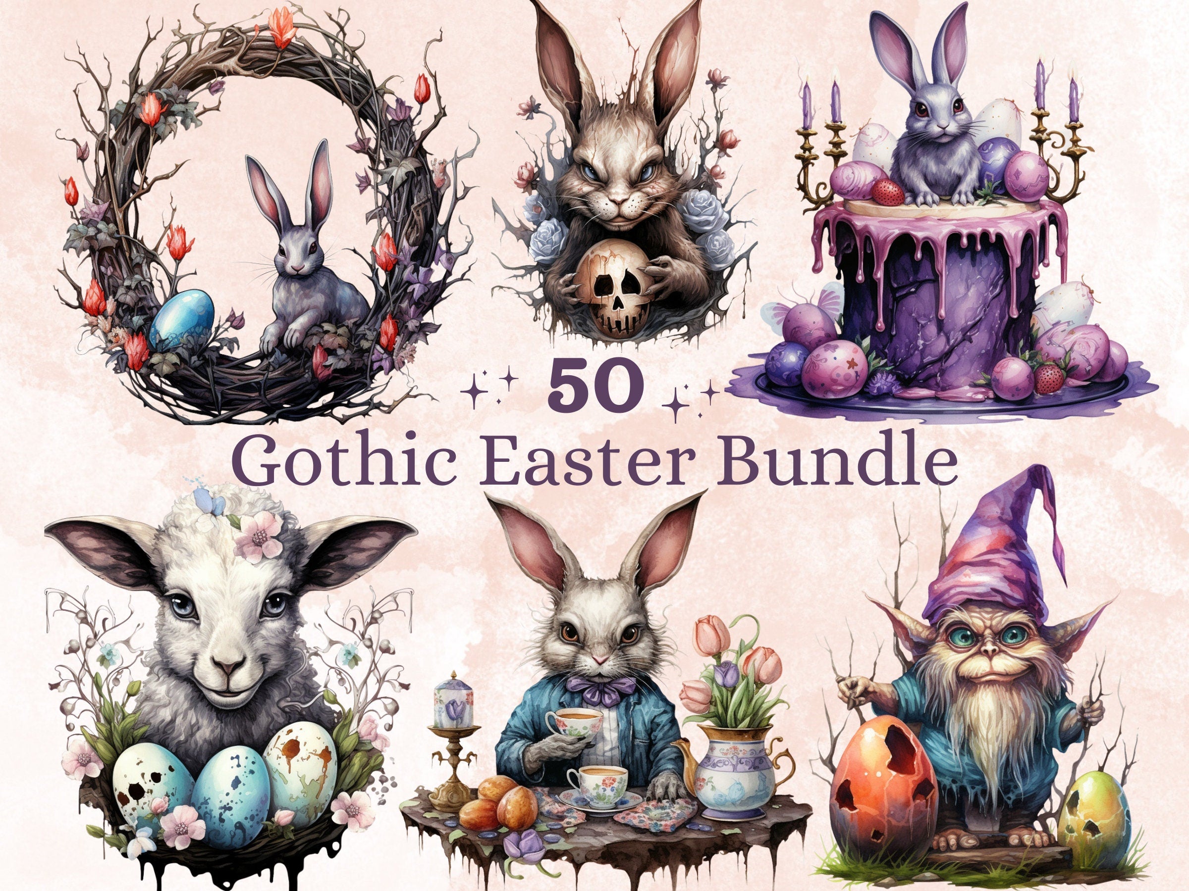 50 PNG Watercolor Gothic Easter Clipart, Creepy Easter Egg Illustrations Clip art, Spooky Easter Bunny Sublimation, Dark Spring Ephemera