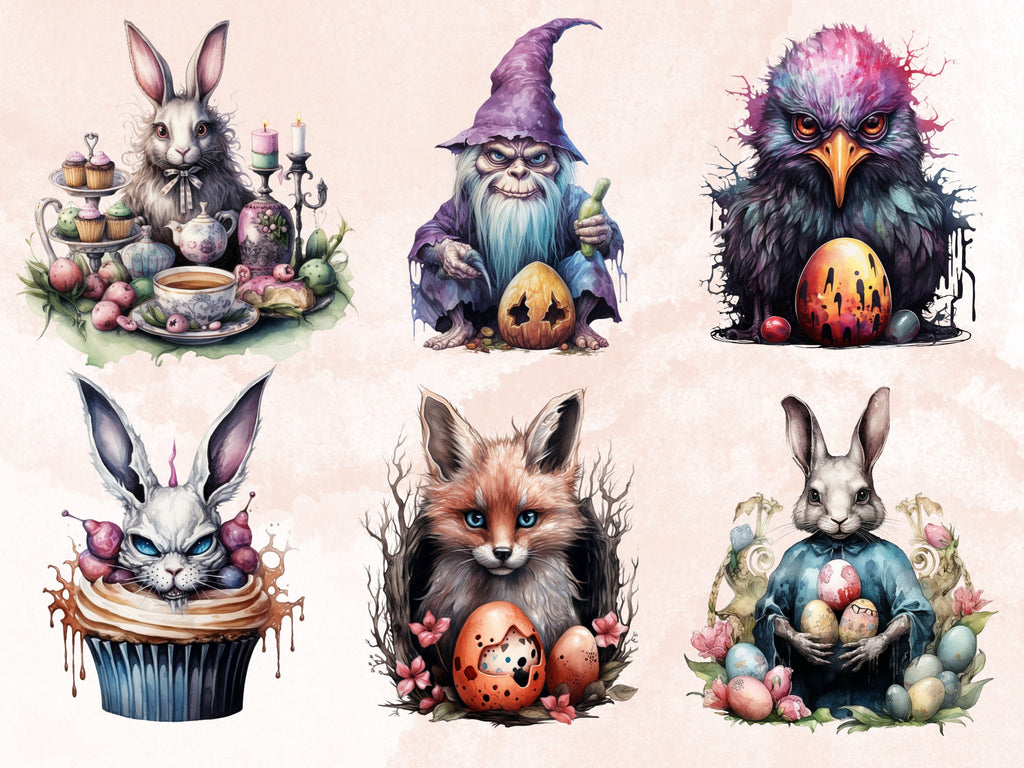 50 PNG Watercolor Gothic Easter Clipart, Creepy Easter Egg Illustrations Clip art, Spooky Easter Bunny Sublimation, Dark Spring Ephemera