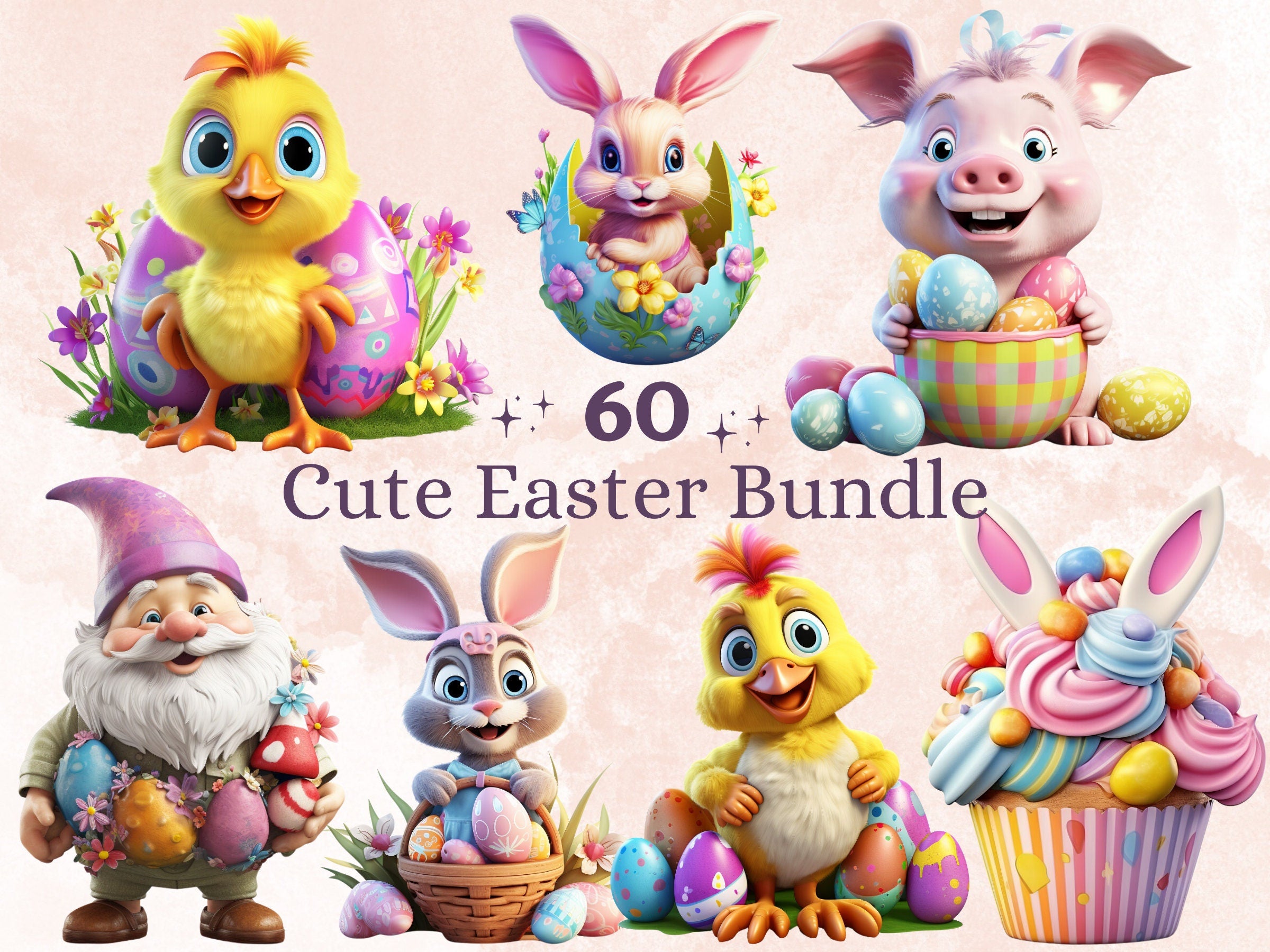 60 PNG Watercolor Cute Easter Clipart, Spring Easter Egg Illustrations Clip art, Cartoon Easter Bunny Sublimation, Spring Animals Ephemera