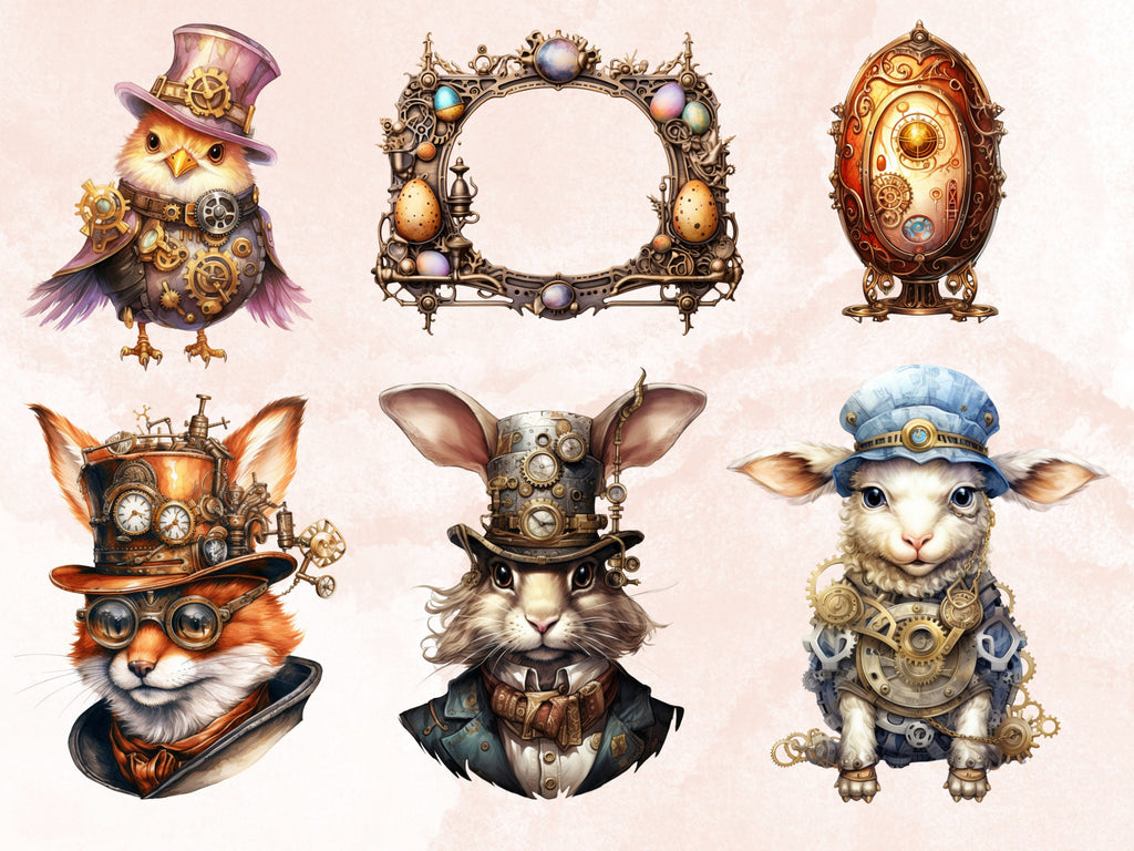 50 PNG Watercolor Steampunk Easter Bundle Clipart, Spring Easter Egg Illustrations Clip art,  Easter Bunny Sublimation, Steampunk Ephemera