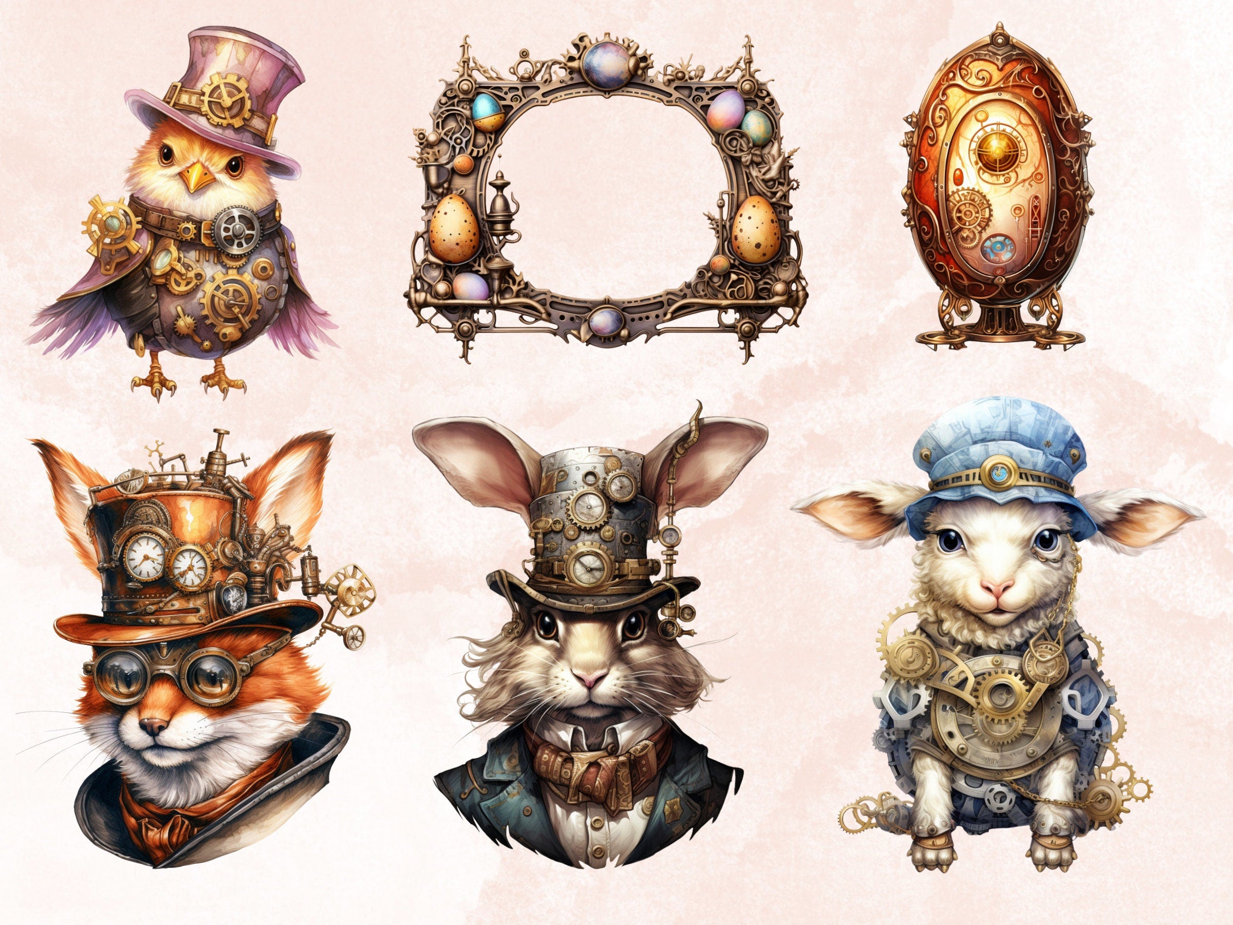 50 PNG Watercolor Steampunk Easter Bundle Clipart, Spring Easter Egg Illustrations Clip art,  Easter Bunny Sublimation, Steampunk Ephemera
