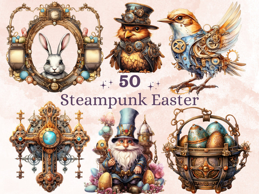 50 PNG Watercolor Steampunk Easter Bundle Clipart, Spring Easter Egg Illustrations Clip art,  Easter Bunny Sublimation, Steampunk Ephemera