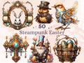 50 PNG Watercolor Steampunk Easter Bundle Clipart, Spring Easter Egg Illustrations Clip art,  Easter Bunny Sublimation, Steampunk Ephemera