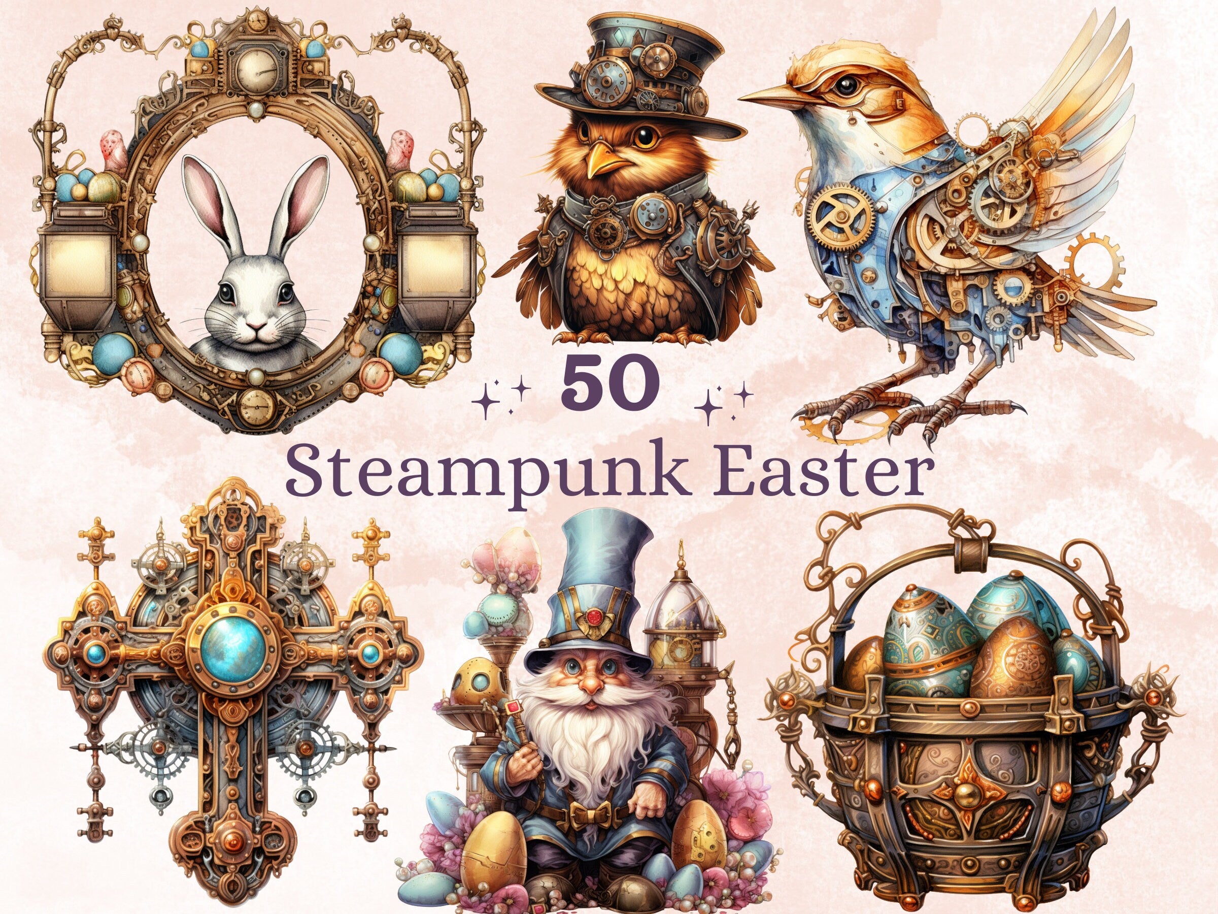 50 PNG Watercolor Steampunk Easter Bundle Clipart, Spring Easter Egg Illustrations Clip art,  Easter Bunny Sublimation, Steampunk Ephemera
