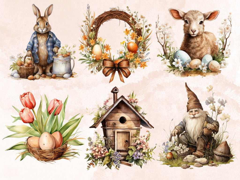 45 PNG Watercolor Rustic Easter Bundle Clipart, Country Easter Egg Illustrations Clip art,  Easter Bunny Sublimation, Farm Life Ephemera