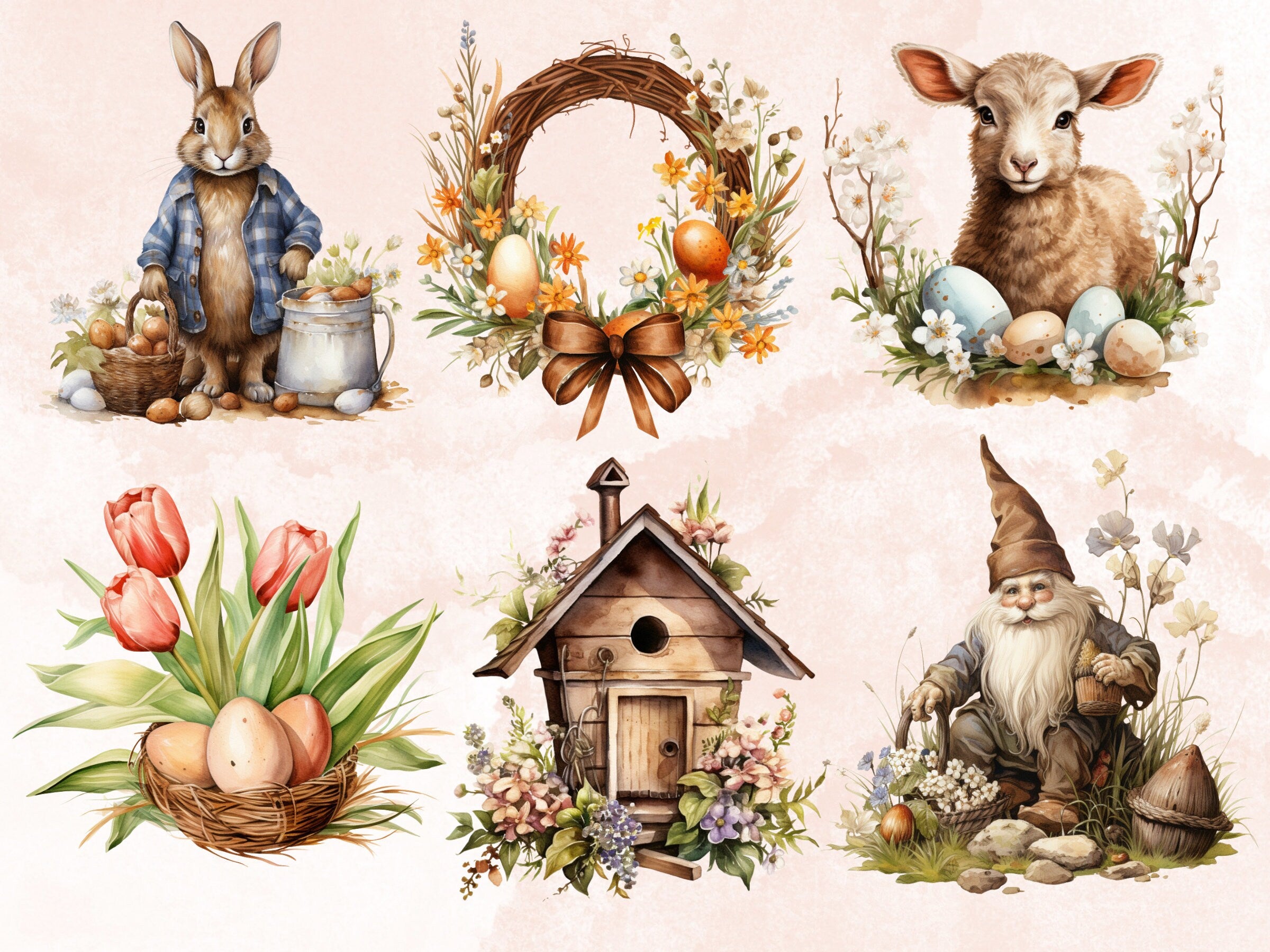 45 PNG Watercolor Rustic Easter Bundle Clipart, Country Easter Egg Illustrations Clip art,  Easter Bunny Sublimation, Farm Life Ephemera