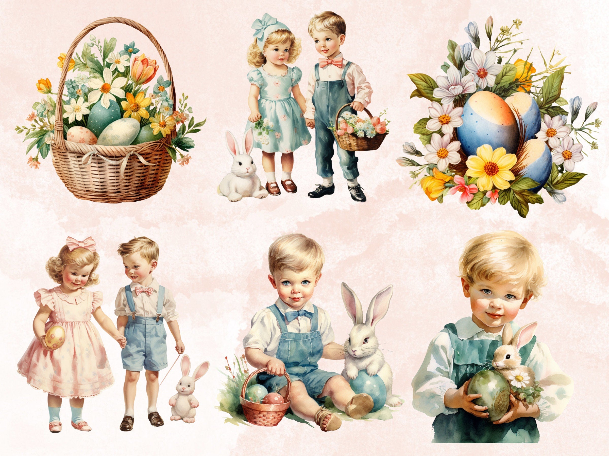 50 PNG Watercolor Vintage Easter Bundle Clipart, Retro Easter Egg Illustrations Clip art,  Easter Bunny Sublimation, Floral Spring Ephemera