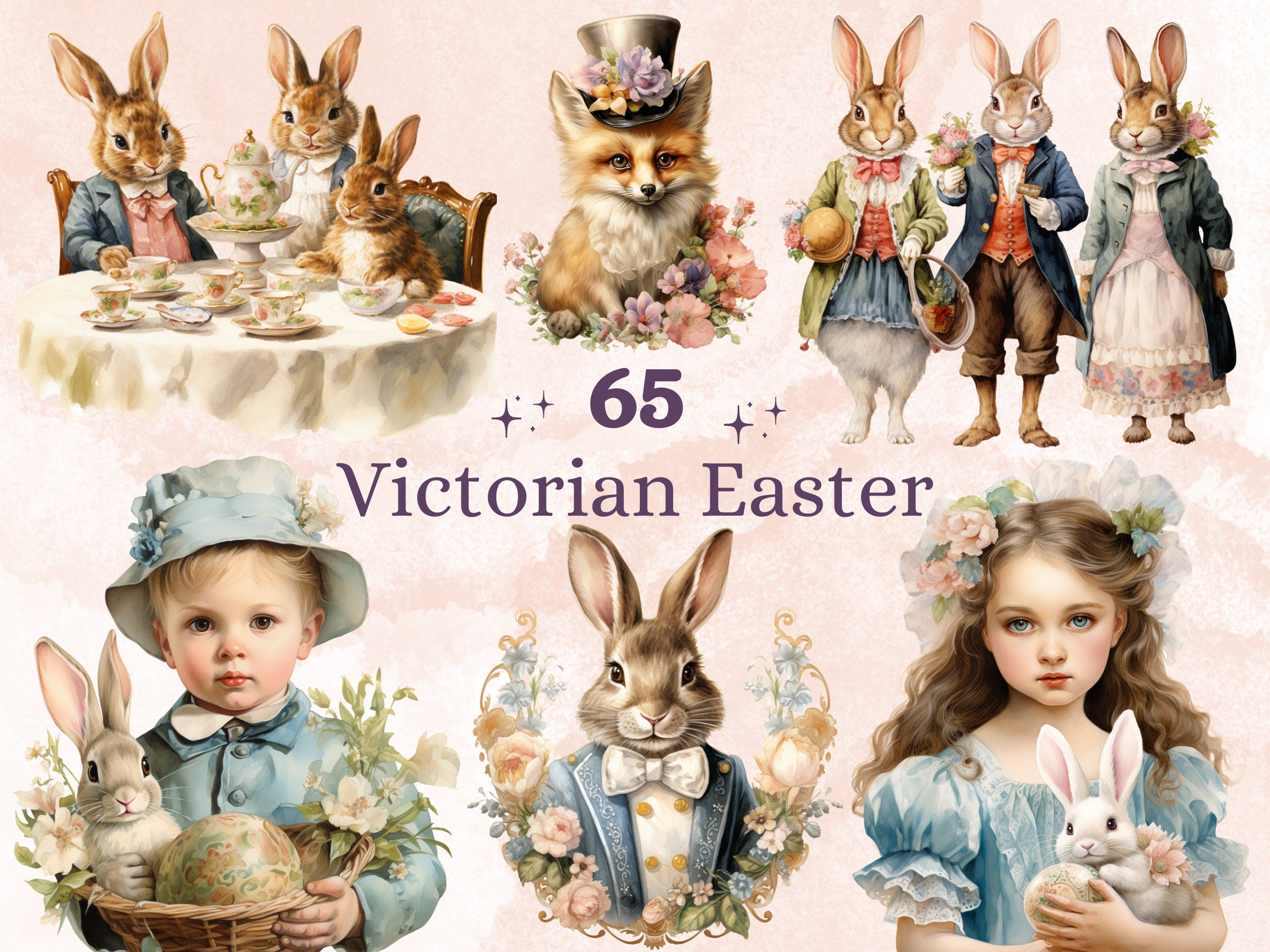 65 PNG Watercolor Victorian Easter Bundle Clipart, Vintage Easter Egg Illustrations Clip art,  Easter Bunny Sublimation, Victorian Ephemera