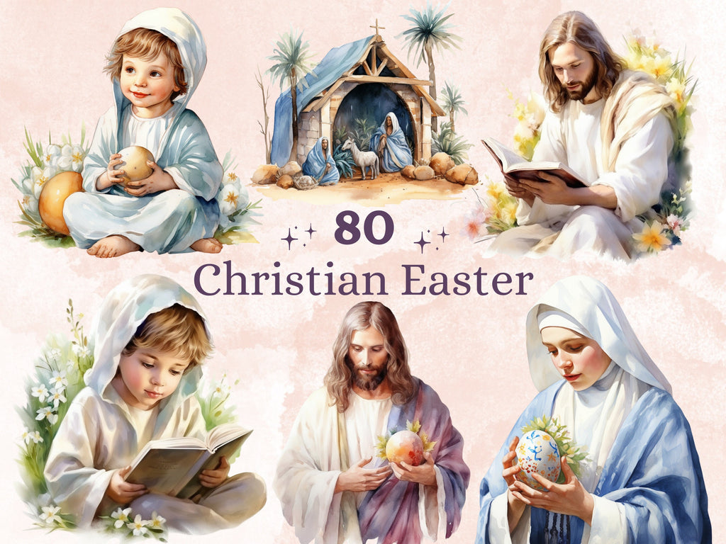 80 PNG Watercolor Christian Easter Clipart, Easter Jesus Illustrations Clip art, Religious Easter Cross Sublimation, Nativity Jesus Ephemera