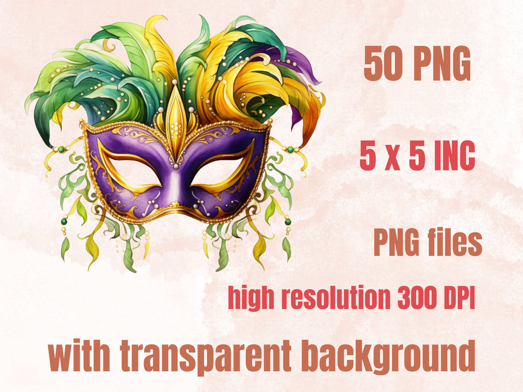 50 PNG Watercolour Mardi Gras Mask Clipart, Masquerade Illustration Clip art, Fleur De Lis png, Feather Mask Sublimation, Fantasy Carnival