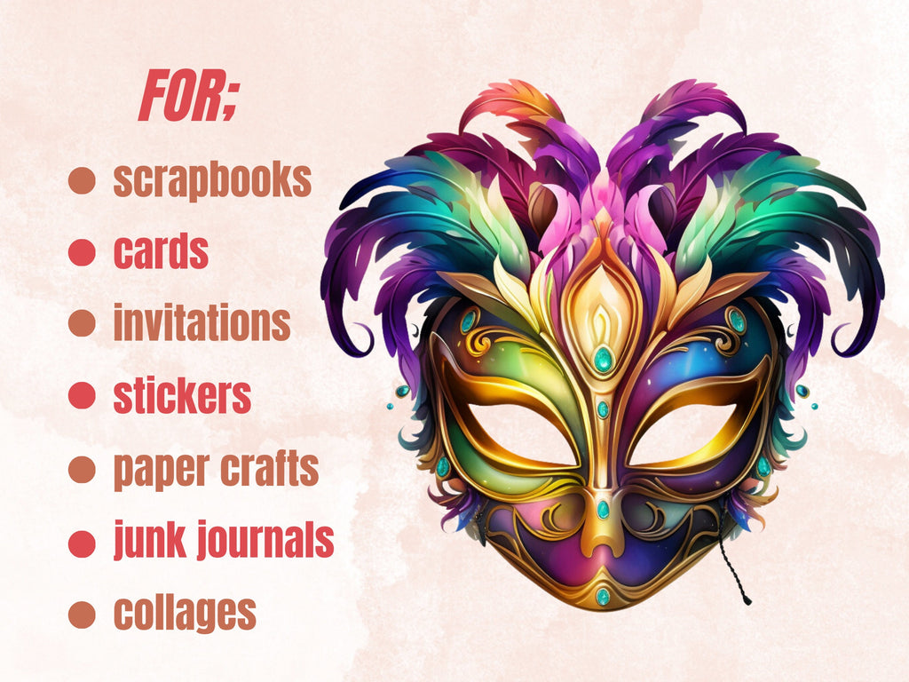 50 PNG Watercolour Mardi Gras Mask Clipart, Masquerade Illustration Clip art, Fleur De Lis png, Feather Mask Sublimation, Fantasy Carnival