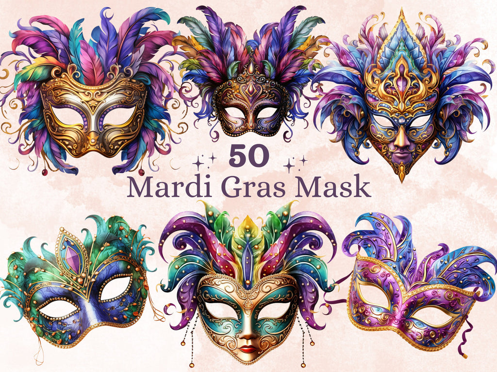 50 PNG Watercolour Mardi Gras Mask Clipart, Masquerade Illustration Clip art, Fleur De Lis png, Feather Mask Sublimation, Fantasy Carnival