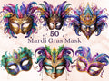 50 PNG Watercolour Mardi Gras Mask Clipart, Masquerade Illustration Clip art, Fleur De Lis png, Feather Mask Sublimation, Fantasy Carnival