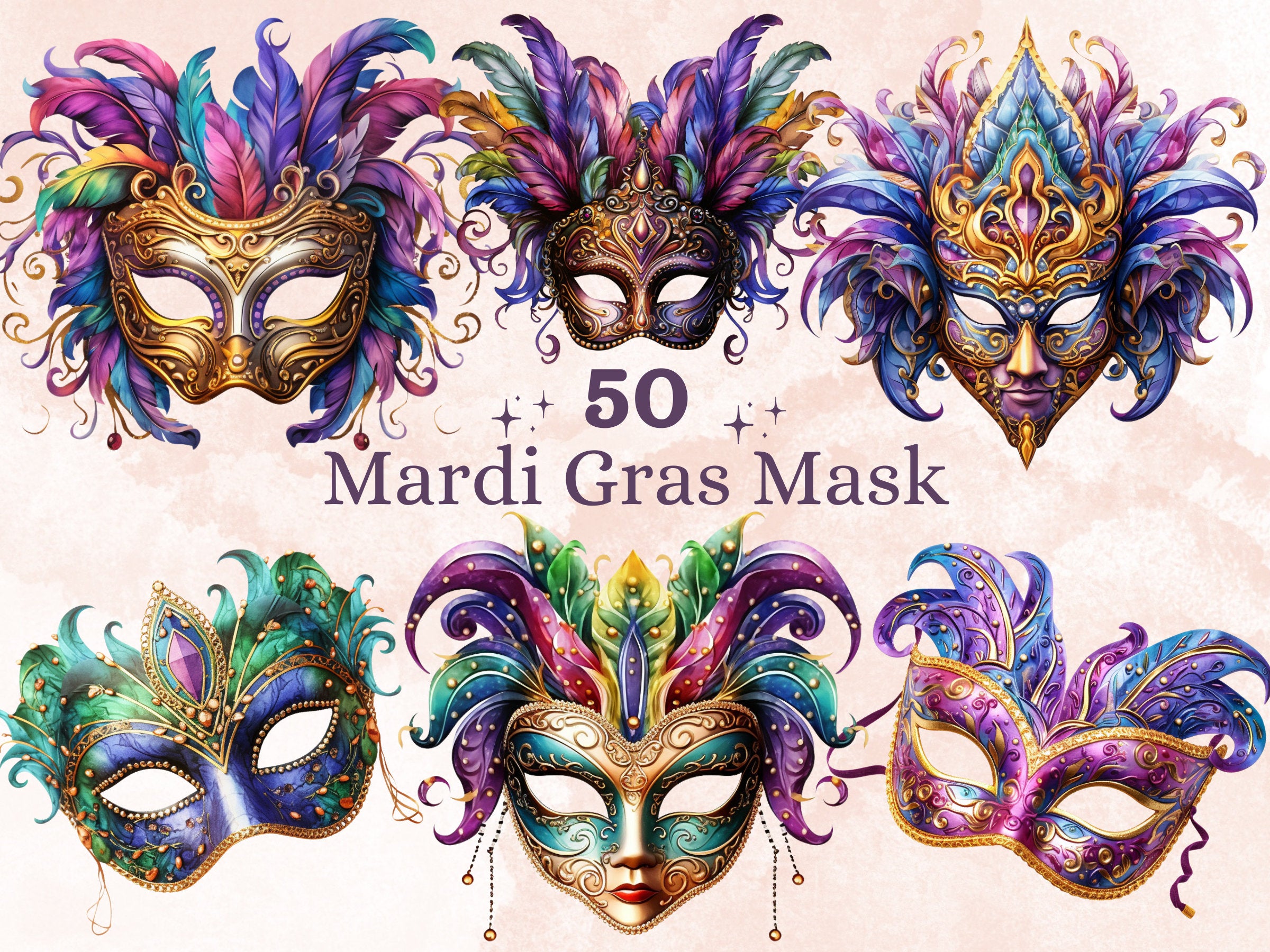 50 PNG Watercolour Mardi Gras Mask Clipart, Masquerade Illustration Clip art, Fleur De Lis png, Feather Mask Sublimation, Fantasy Carnival