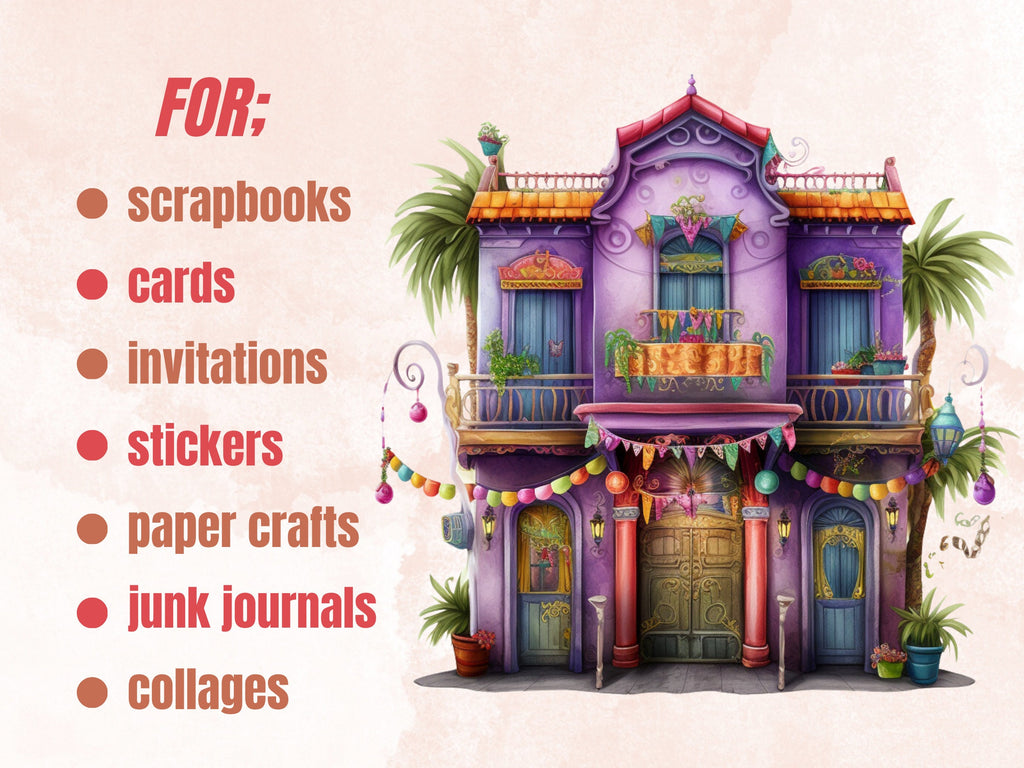 40 PNG Watercolour Mardi Gras House Clipart, Masquerade Illustration Clip art, Mardi Gras Invitation png, New Orleans Carnival Sublimation