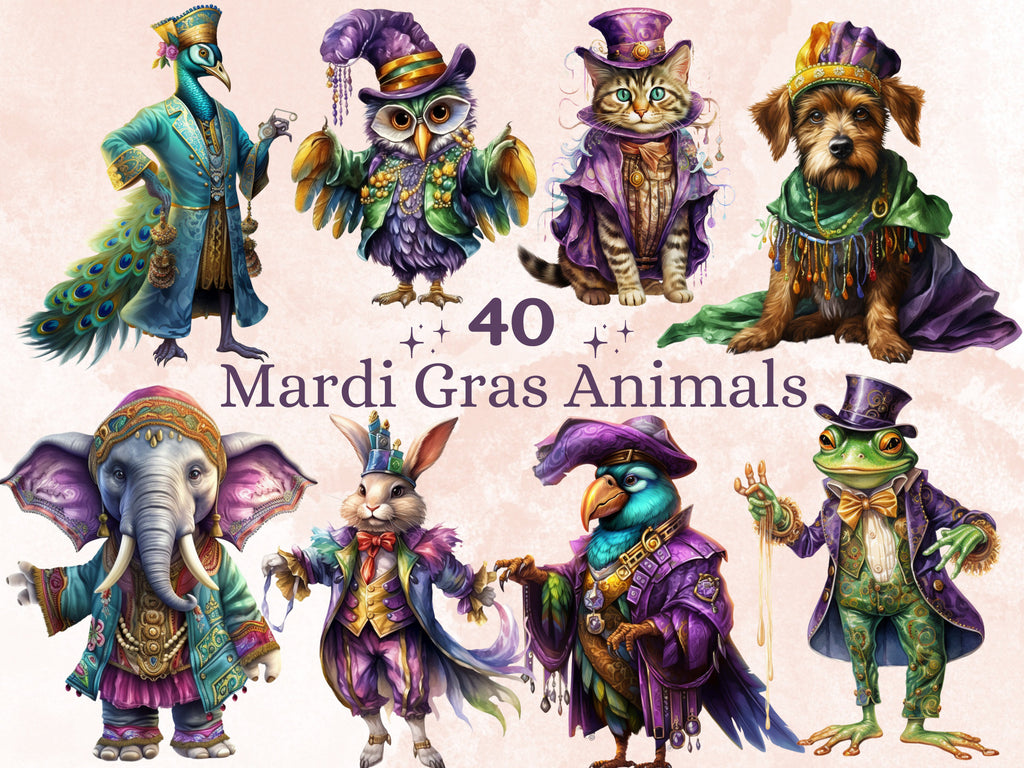40 PNG Watercolour Mardi Gras Animals Clipart, Cute Masquerade Illustration Clip art, Fat Tuesday Sublimation, New Orleans Carnival png