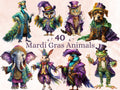 40 PNG Watercolour Mardi Gras Animals Clipart, Cute Masquerade Illustration Clip art, Fat Tuesday Sublimation, New Orleans Carnival png
