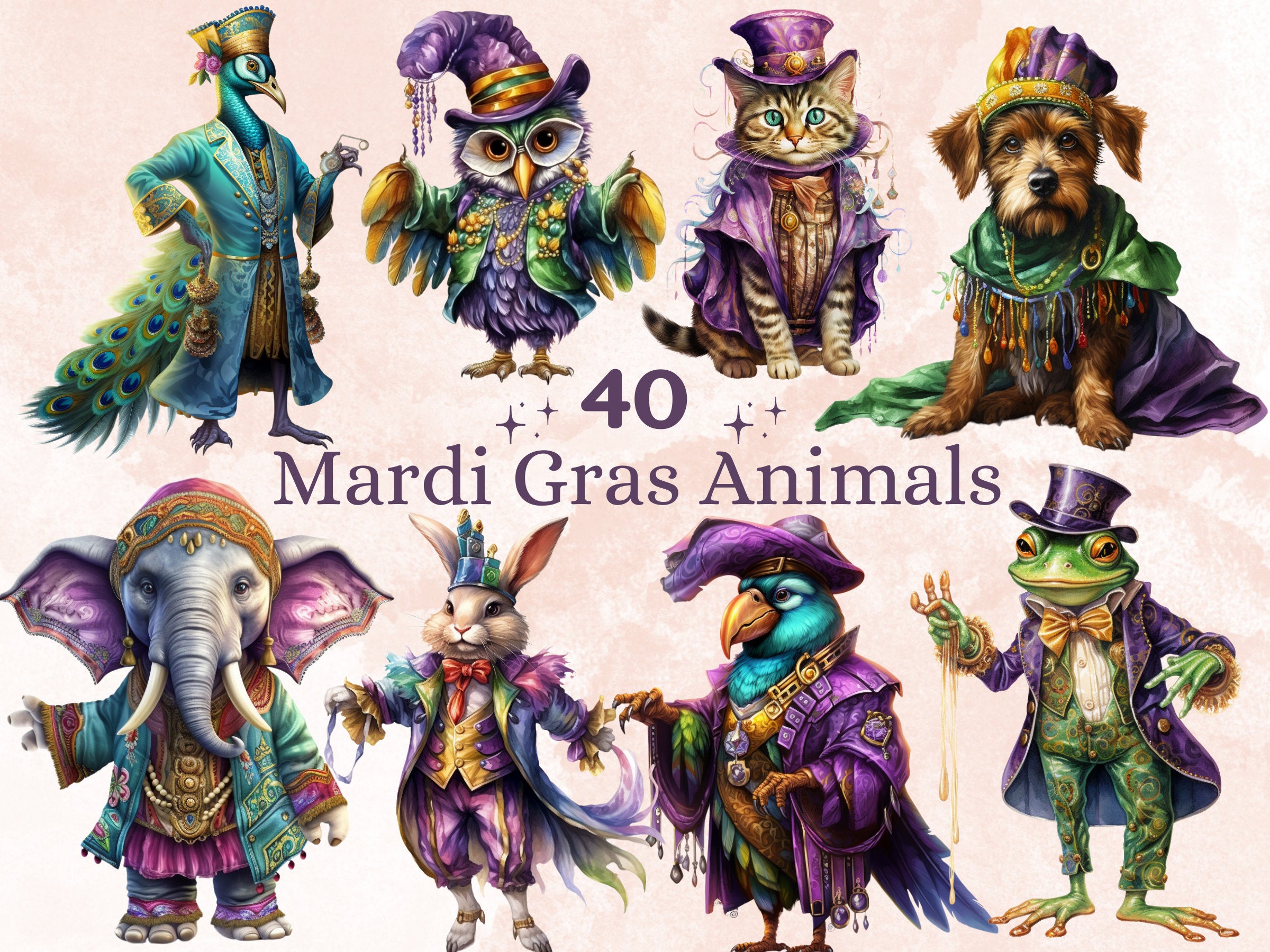 40 PNG Watercolour Mardi Gras Animals Clipart, Cute Masquerade Illustration Clip art, Fat Tuesday Sublimation, New Orleans Carnival png
