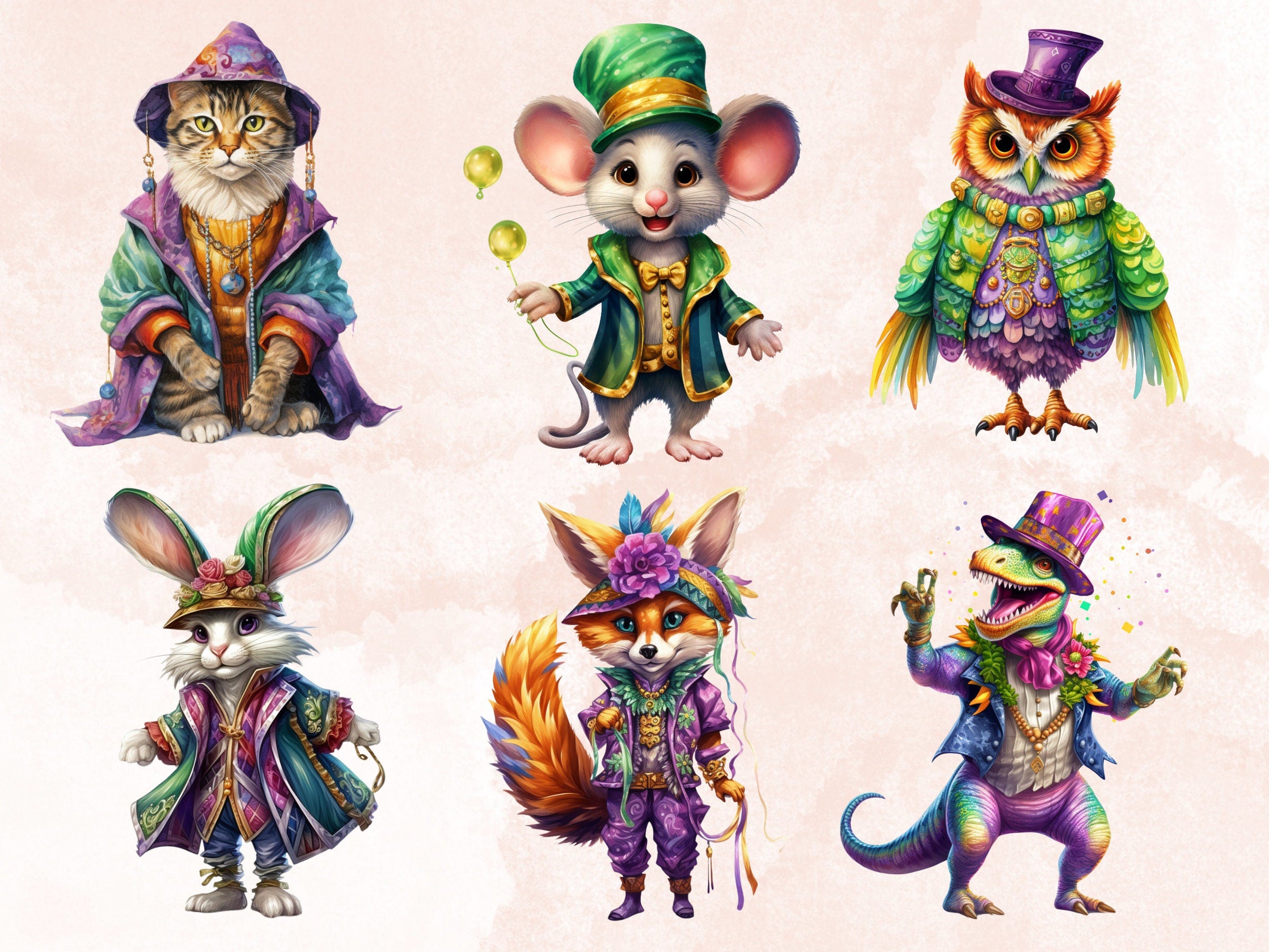 40 PNG Watercolour Mardi Gras Animals Clipart, Cute Masquerade Illustration Clip art, Fat Tuesday Sublimation, New Orleans Carnival png