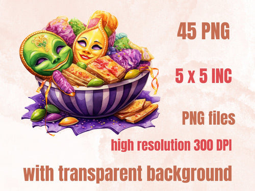 45 PNG Watercolour Mardi Gras Treats Clipart, Fat Tuesday Dessert Sublimation, Masquerade Drink Illustration Clip art, Carnival Foods png