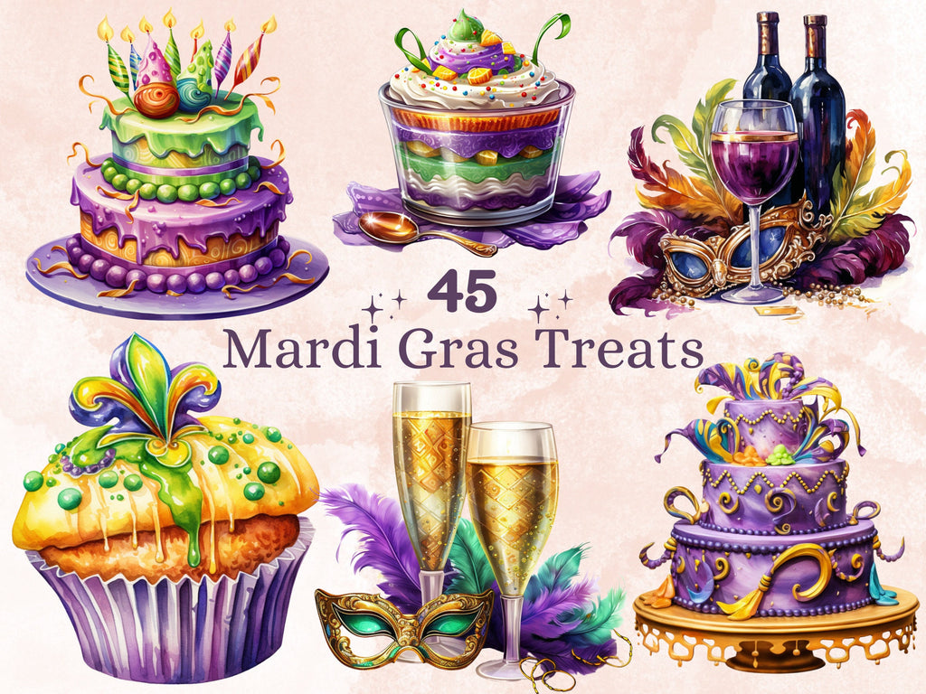 45 PNG Watercolour Mardi Gras Treats Clipart, Fat Tuesday Dessert Sublimation, Masquerade Drink Illustration Clip art, Carnival Foods png