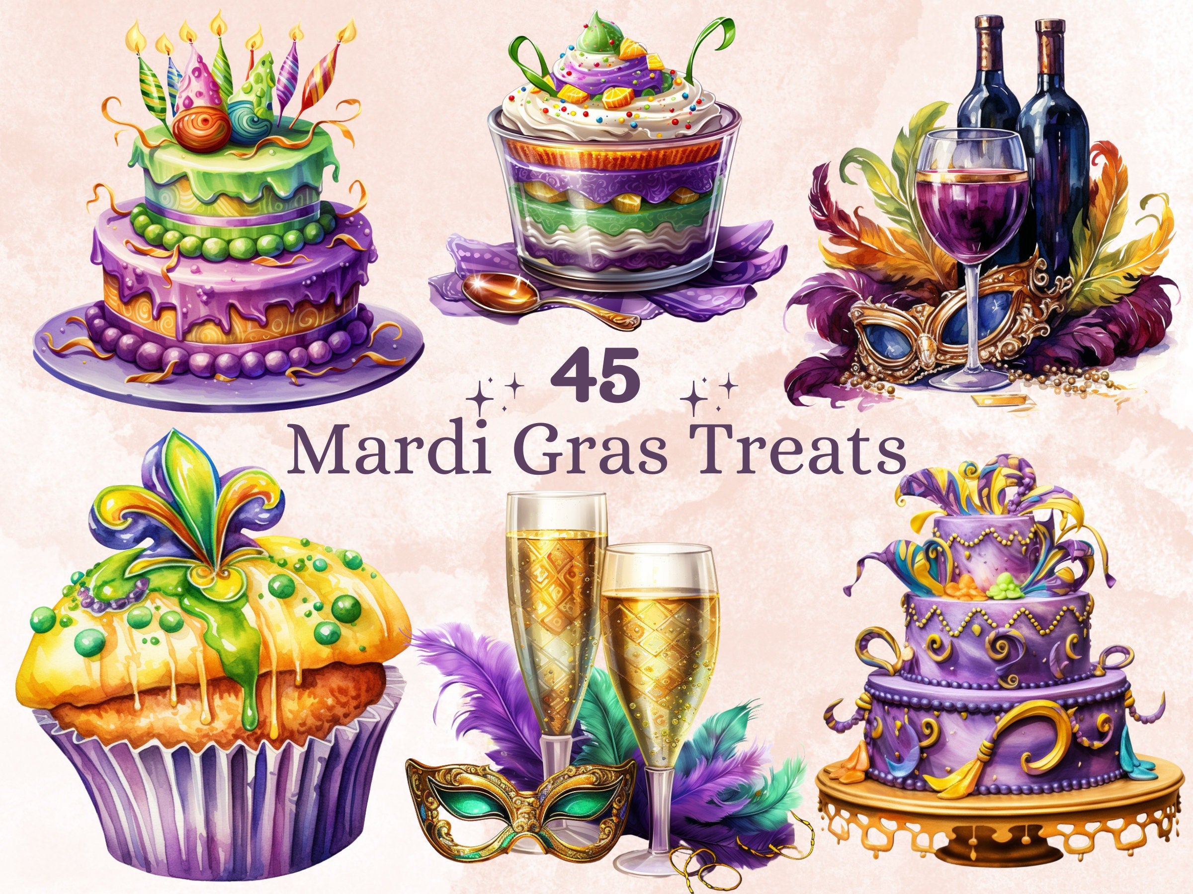 45 PNG Watercolour Mardi Gras Treats Clipart, Fat Tuesday Dessert Sublimation, Masquerade Drink Illustration Clip art, Carnival Foods png