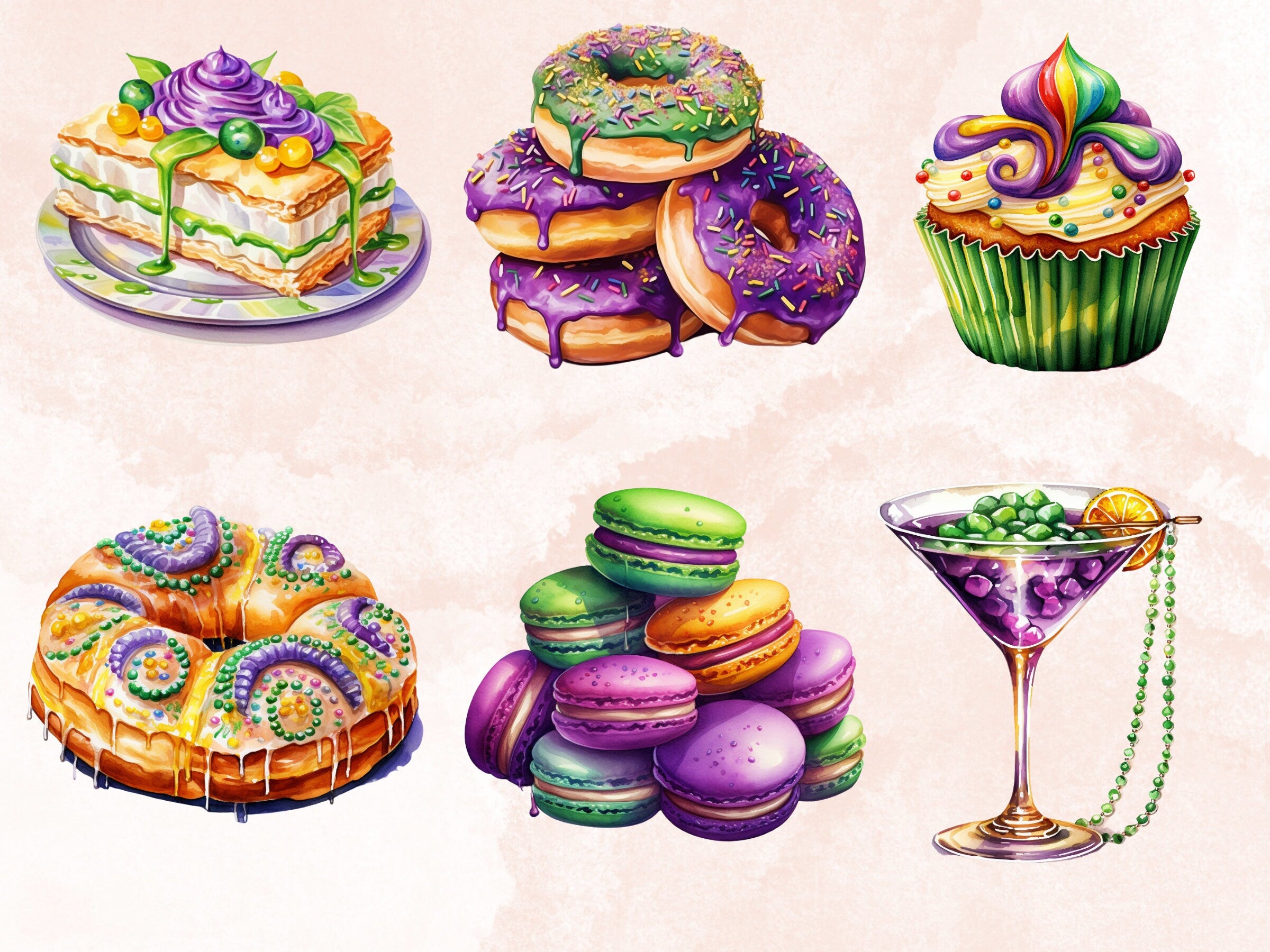 45 PNG Watercolour Mardi Gras Treats Clipart, Fat Tuesday Dessert Sublimation, Masquerade Drink Illustration Clip art, Carnival Foods png
