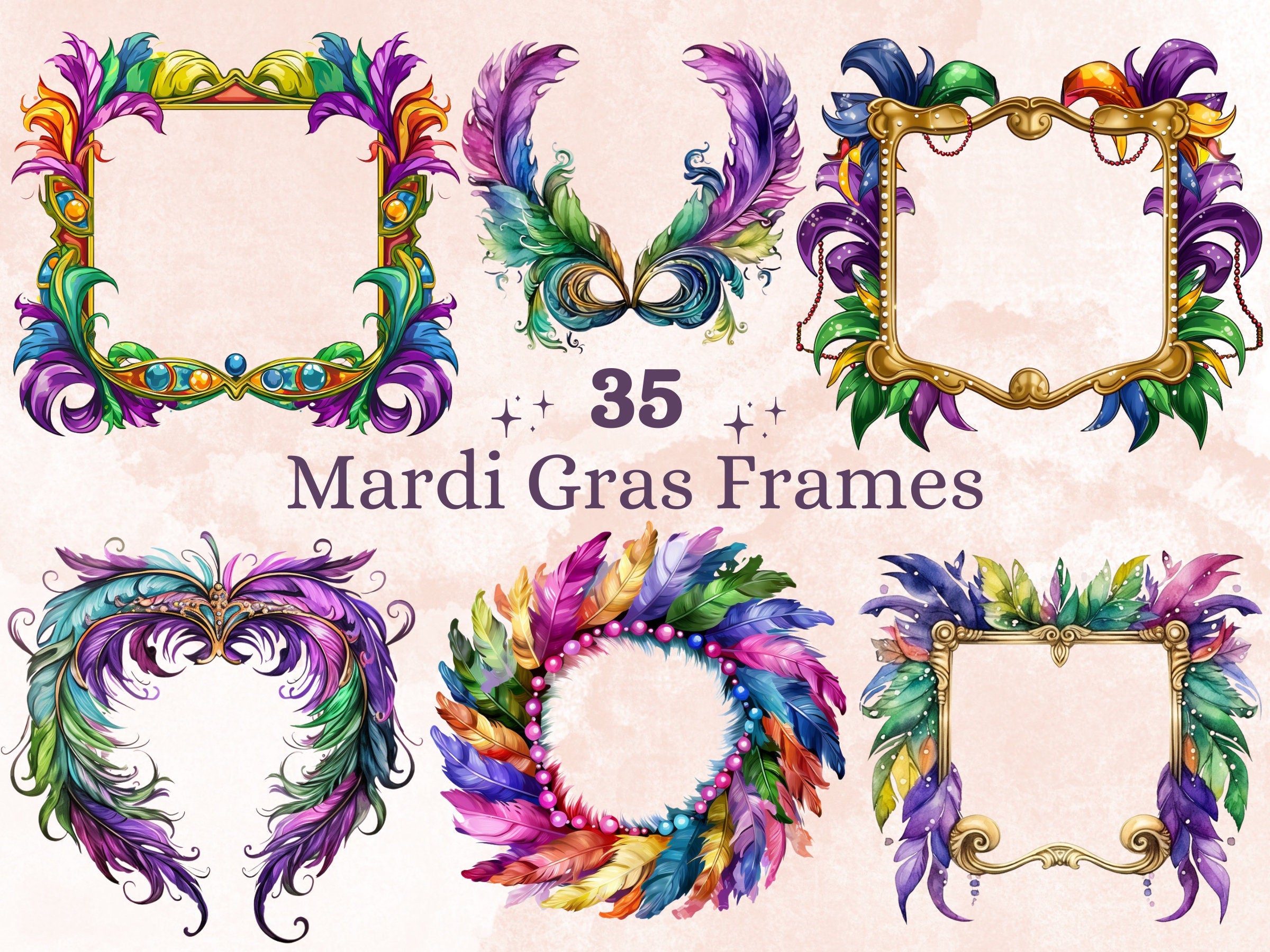 35 PNG Watercolour Mardi Gras Frame Clipart, Masquerade Wreath Illustration Clip art, Fat Tuesday Sublimation, New Orleans Carnival png