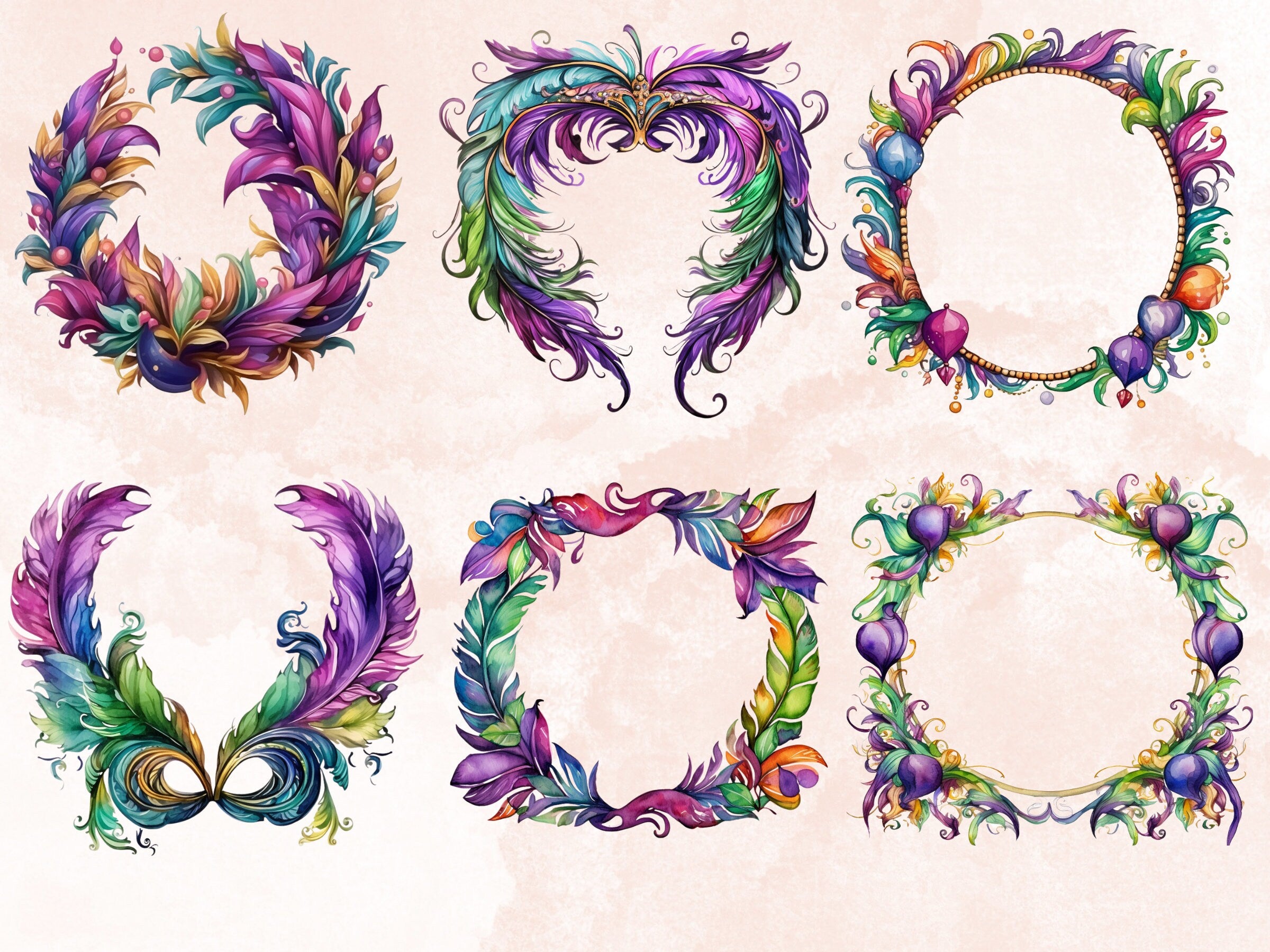 35 PNG Watercolour Mardi Gras Frame Clipart, Masquerade Wreath Illustration Clip art, Fat Tuesday Sublimation, New Orleans Carnival png