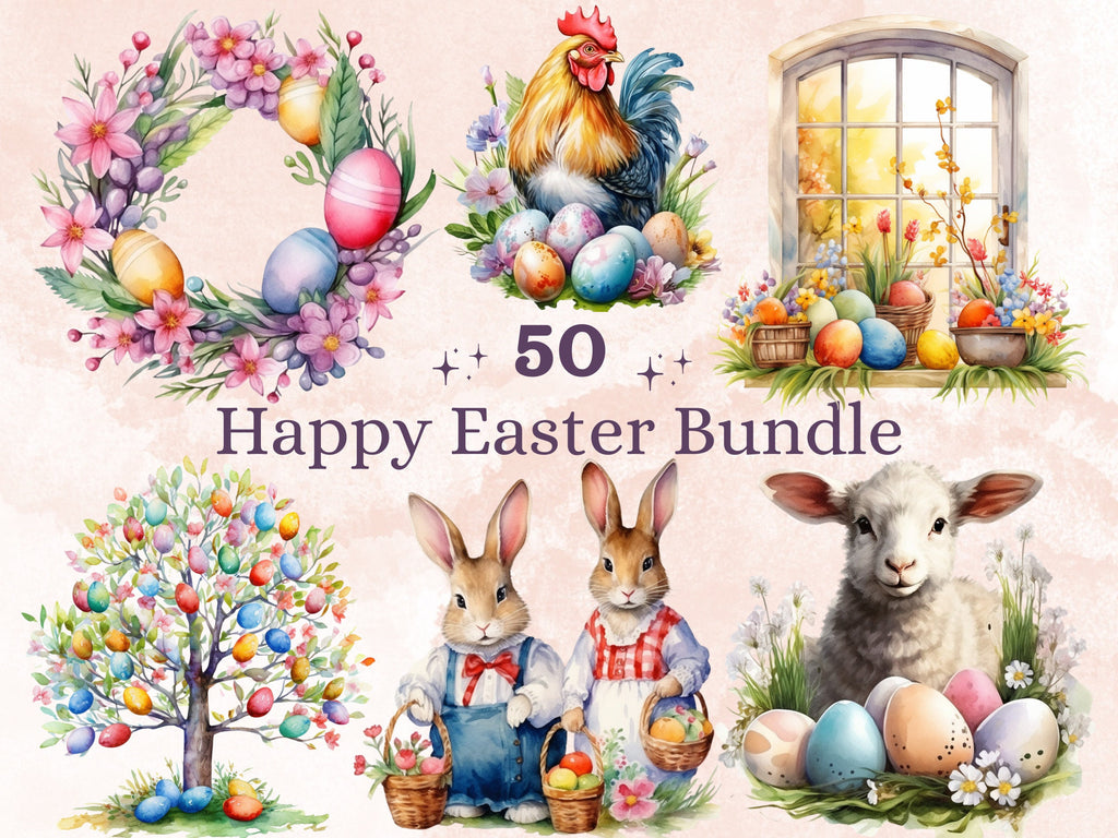 50 PNG Watercolor Happy Easter Bundle Clipart, Spring Easter Egg Illustrations Clip art,  Easter Bunny Sublimation, Floral Spring Ephemera