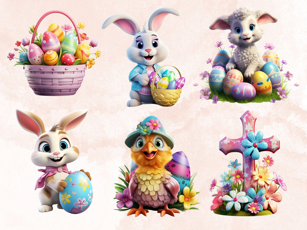 60 PNG Watercolor Cute Easter Clipart, Spring Easter Egg Illustrations Clip art, Cartoon Easter Bunny Sublimation, Spring Animals Ephemera