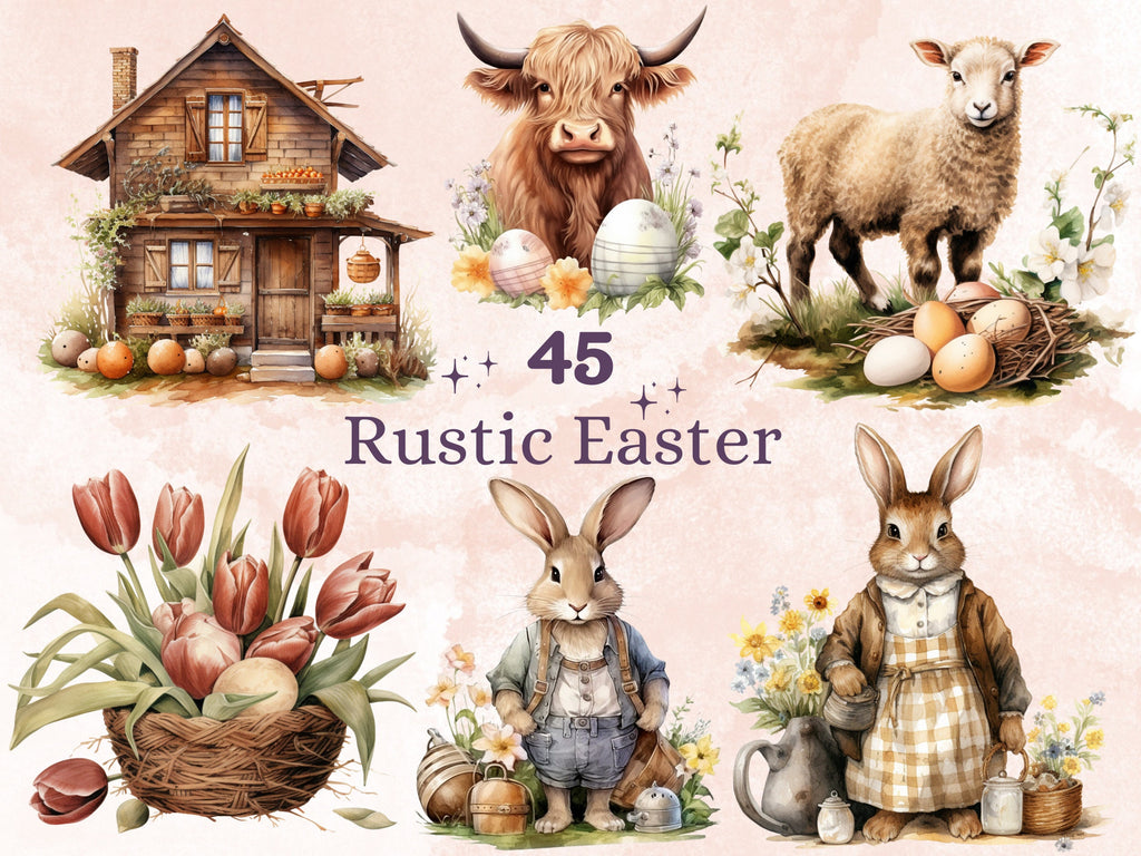 45 PNG Watercolor Rustic Easter Bundle Clipart, Country Easter Egg Illustrations Clip art,  Easter Bunny Sublimation, Farm Life Ephemera