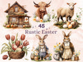 45 PNG Watercolor Rustic Easter Bundle Clipart, Country Easter Egg Illustrations Clip art,  Easter Bunny Sublimation, Farm Life Ephemera