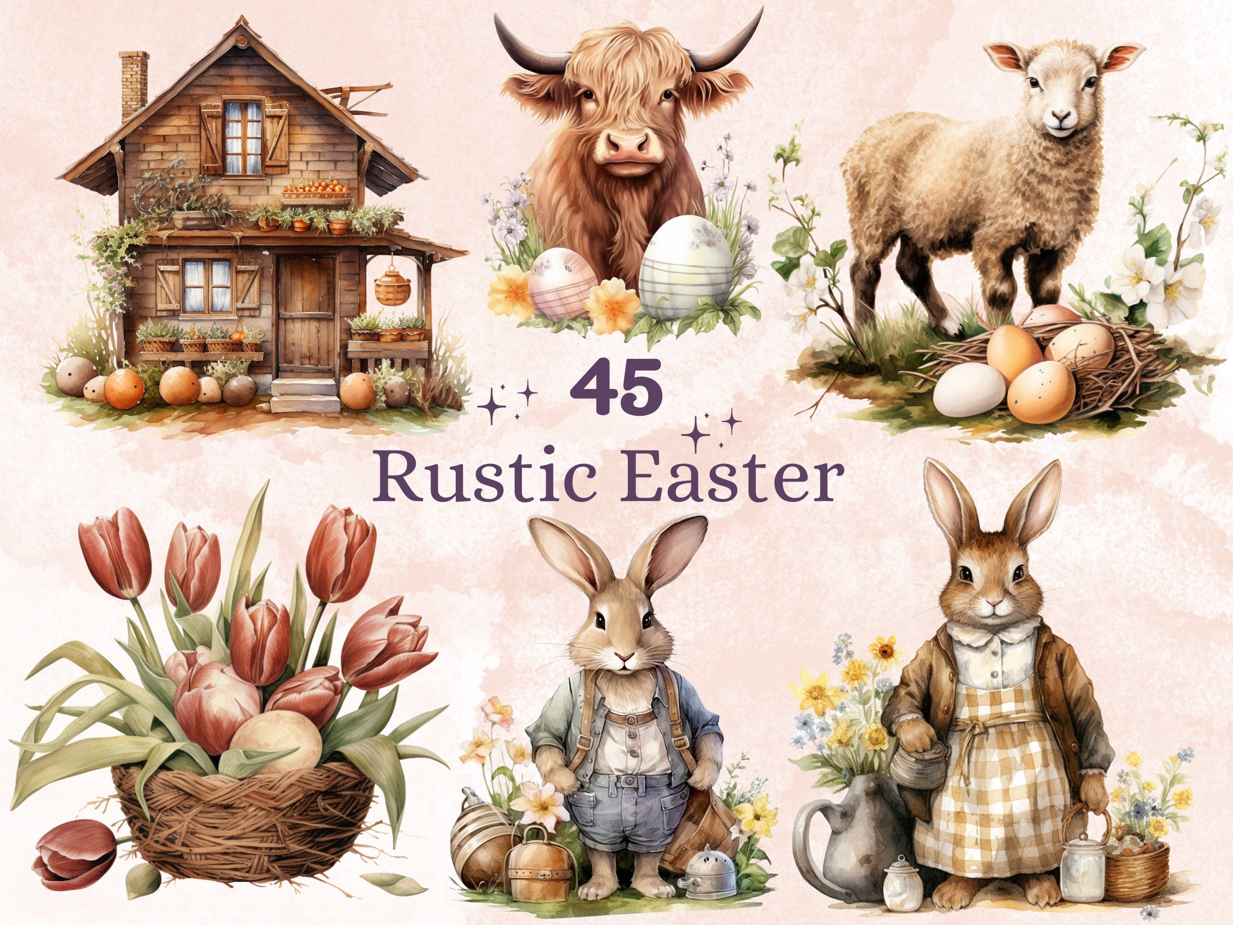45 PNG Watercolor Rustic Easter Bundle Clipart, Country Easter Egg Illustrations Clip art,  Easter Bunny Sublimation, Farm Life Ephemera